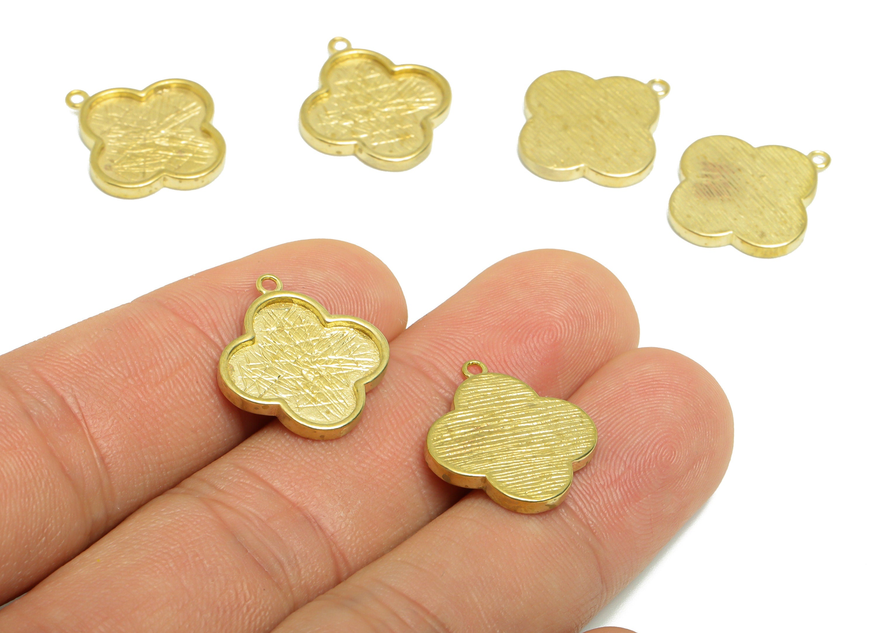 Textured Flower Earring Charm - Raw Brass Four Leaf Clover Earring For Enamel - Brass Flower Pendant - For Pendant - 19x16.84x1.8mm - PP9435 - DOMEDBAZAAR
