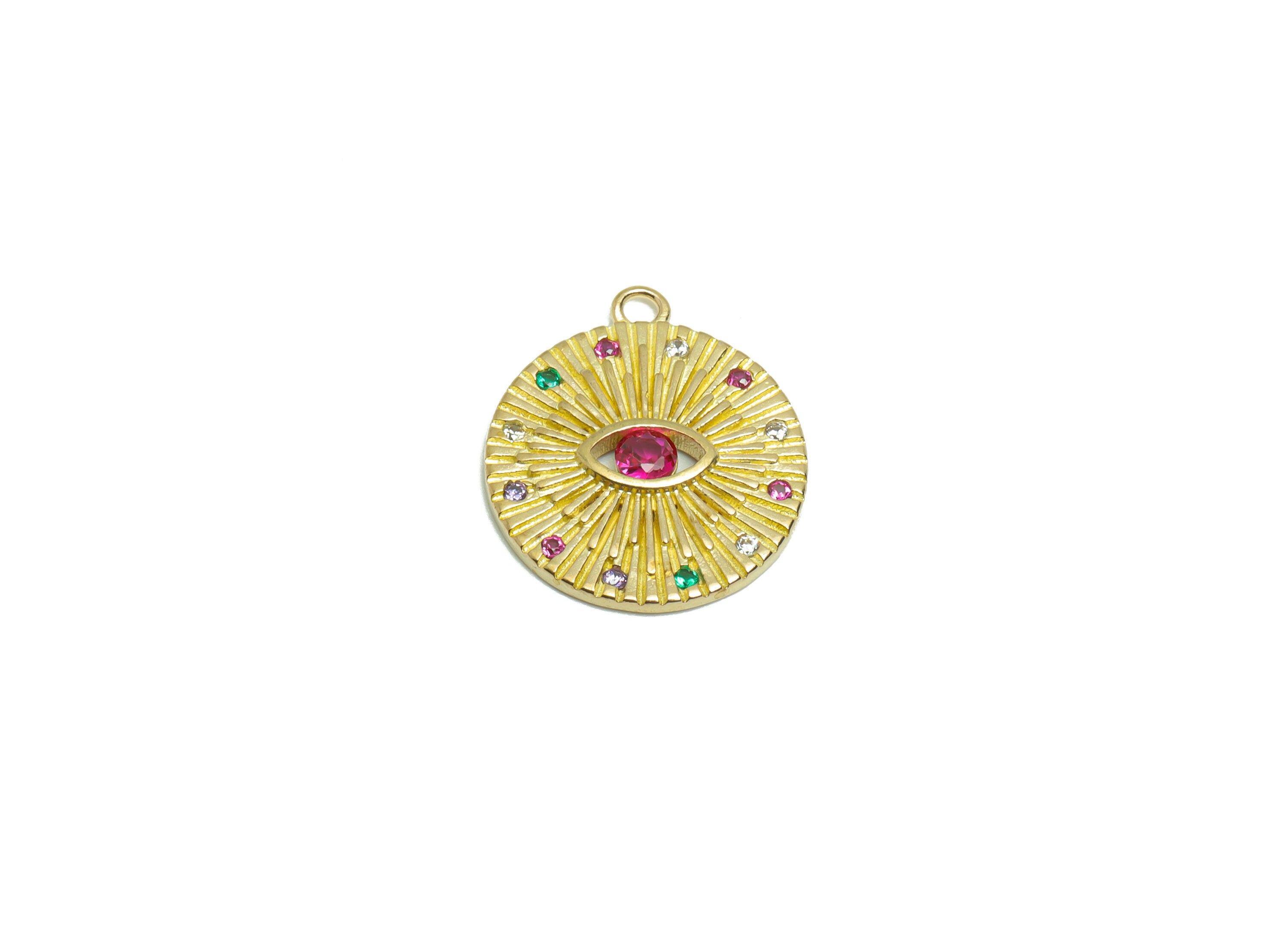 Brass CZ Round Earring Charm - Raw Brass Cubic Zircon Eye Earring Charm - Brass Textured Pendant - Pink Zircon Charm - 17.9x15x1mm - PP9301 - DOMEDBAZAAR