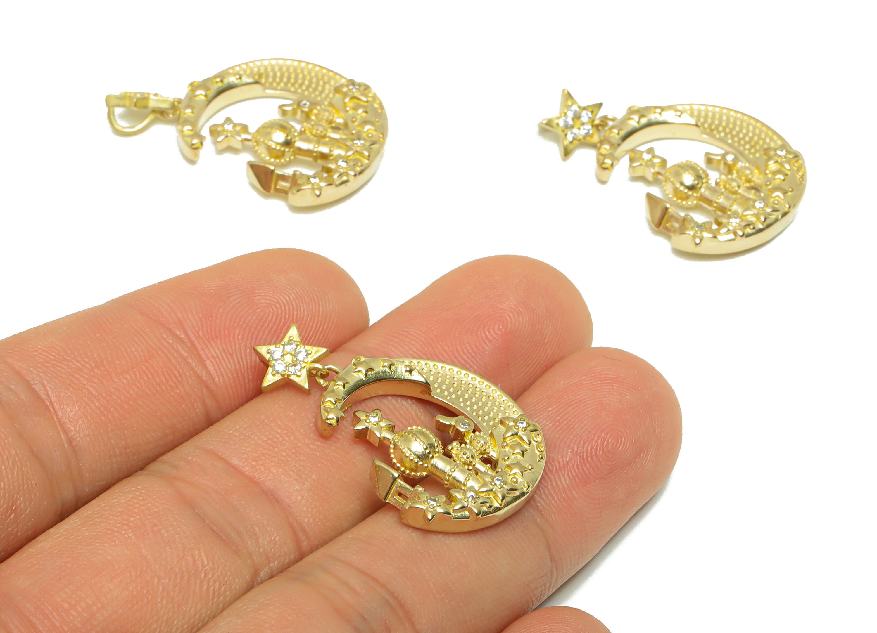 Brass CZ Crescent Pendant - Raw Brass Star Zircon Palace Earring Charm - Brass Zircon Textured Moon Pendant - 21x29.5x3.51mm - PP9306 - DOMEDBAZAAR