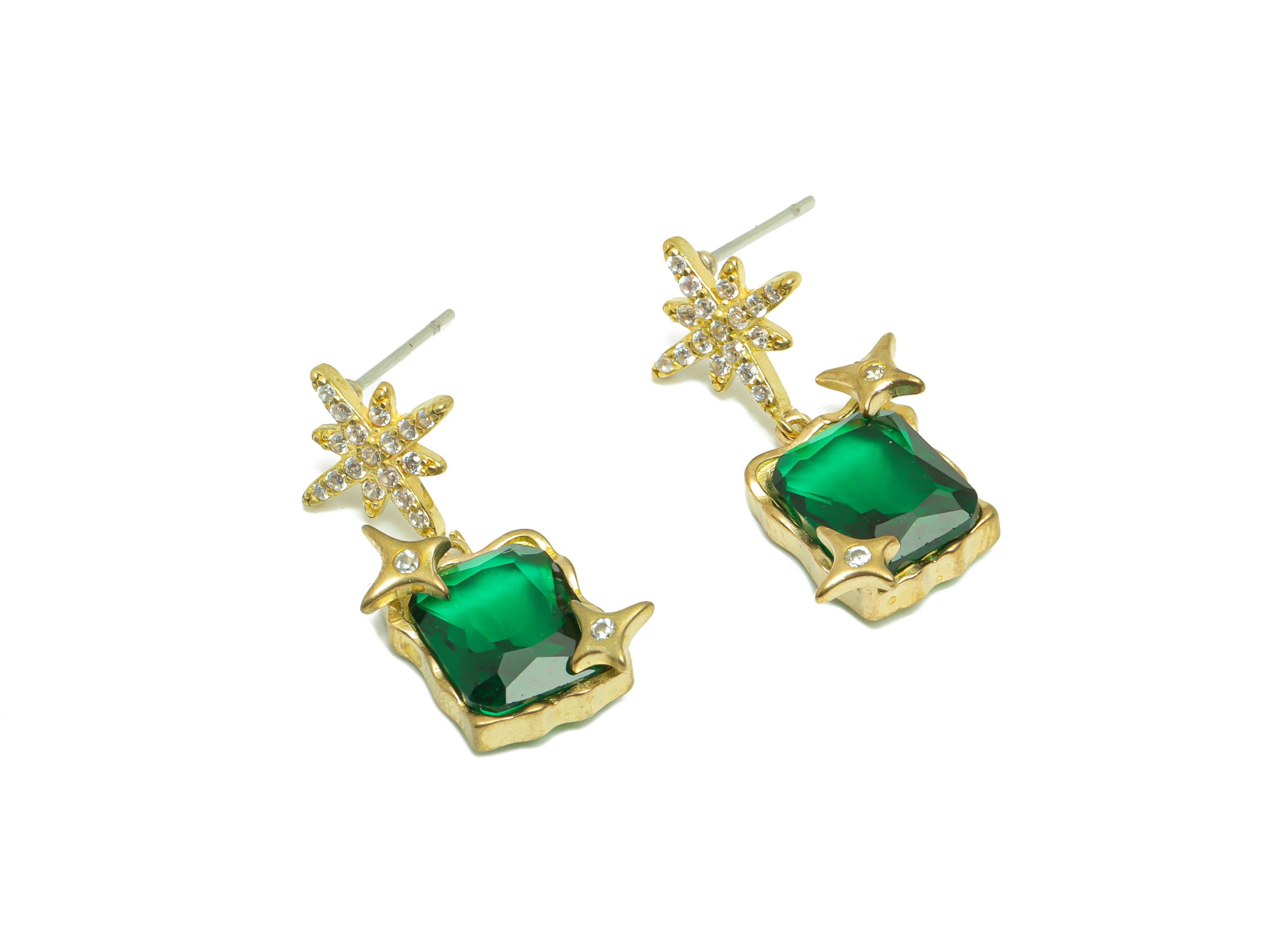 Brass CZ Rectangle Dnagle Earring Post - Brass Zircon Star Vintage Frame Looking Earring Stud - Antique Looking Post - 25x12x5mm -PP9605 - DOMEDBAZAAR