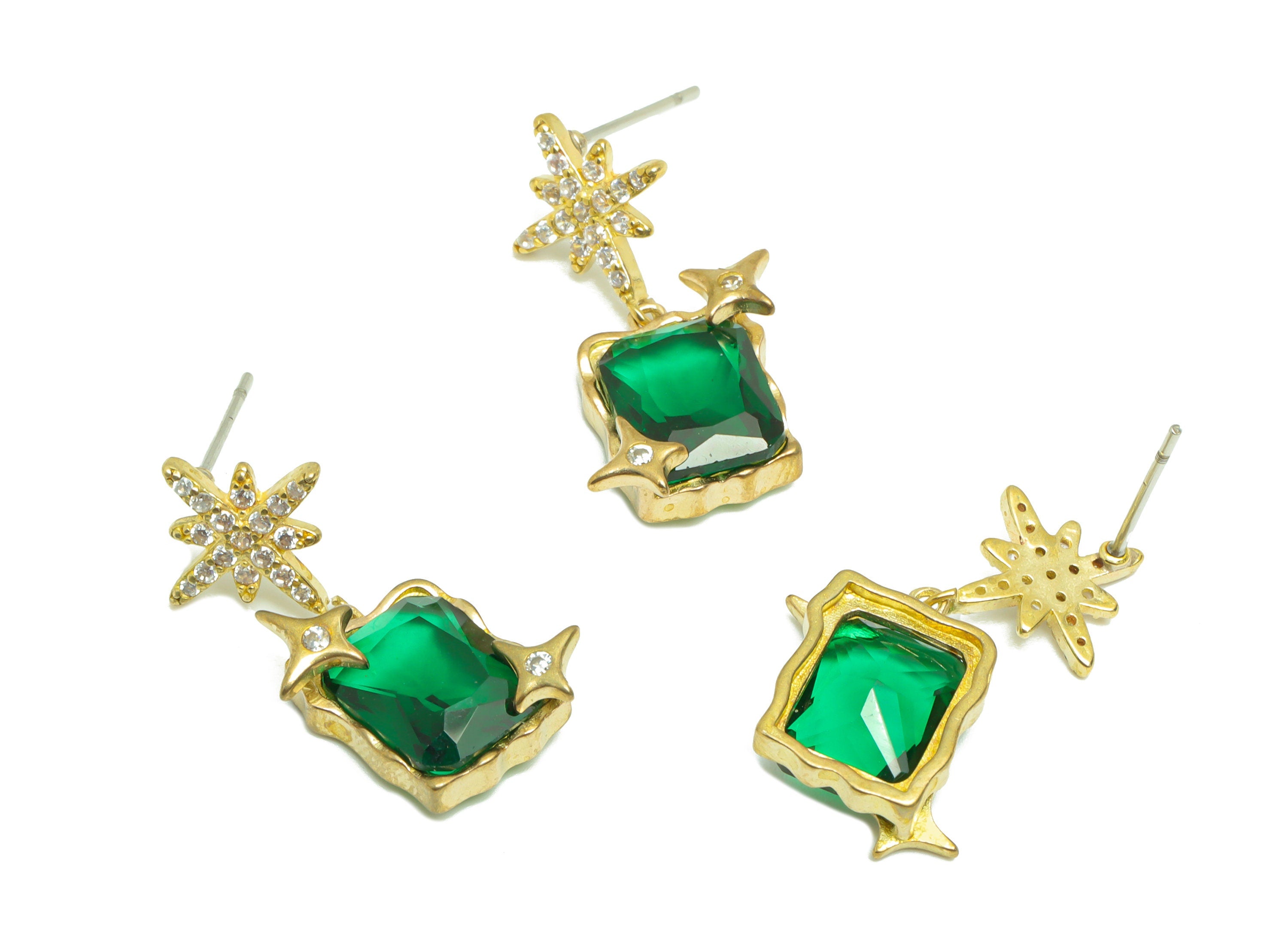 Brass CZ Rectangle Dnagle Earring Post - Brass Zircon Star Vintage Frame Looking Earring Stud - Antique Looking Post - 25x12x5mm -PP9605 - DOMEDBAZAAR