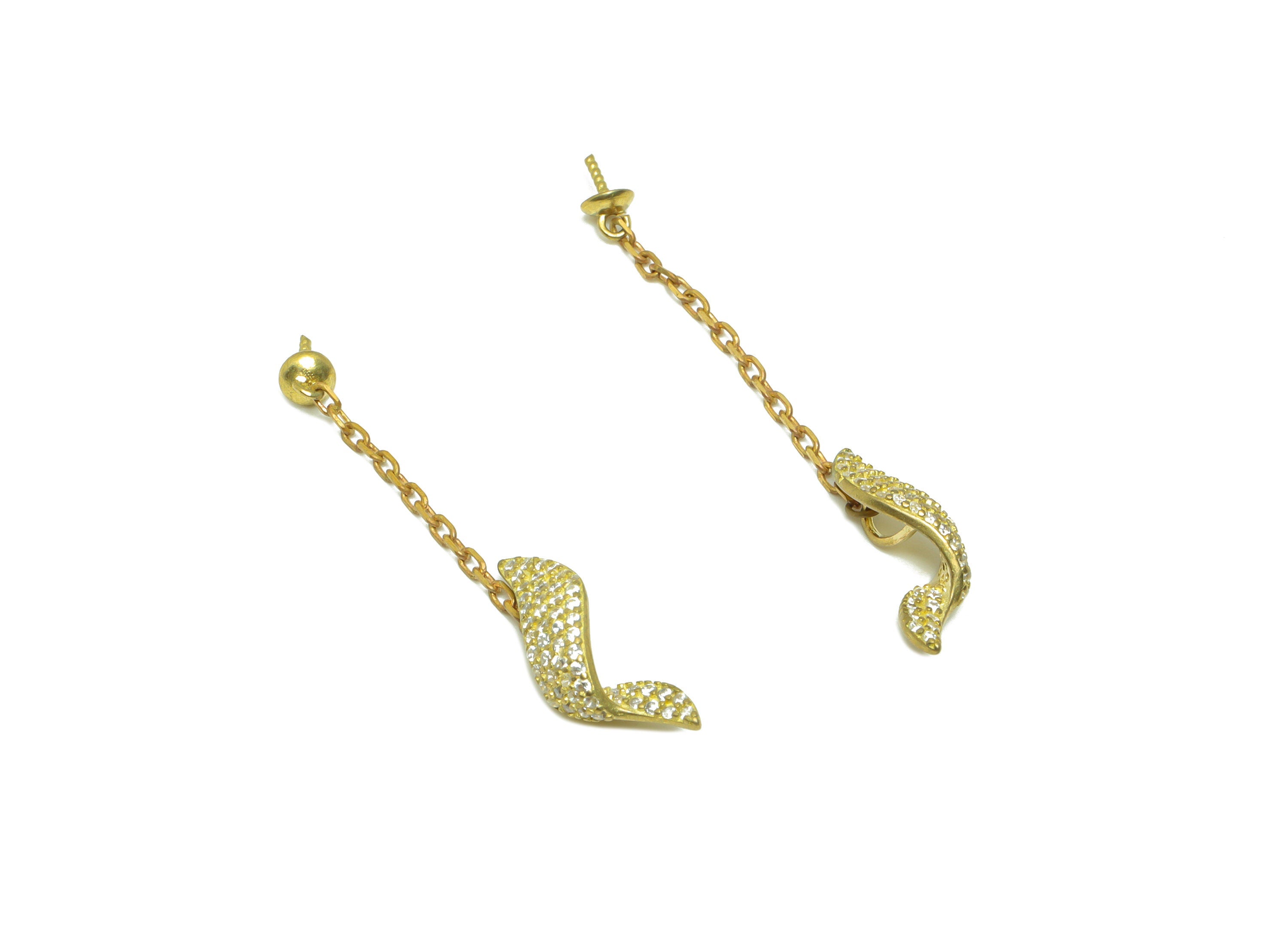 Brass CZ Wavy Earring Wire - Raw Brass Zircon Twisted Chain Earring - CZ Chain Pearl Setting For Earring - Pearl Setting - 44x4x4mm - PP9602 - DOMEDBAZAAR