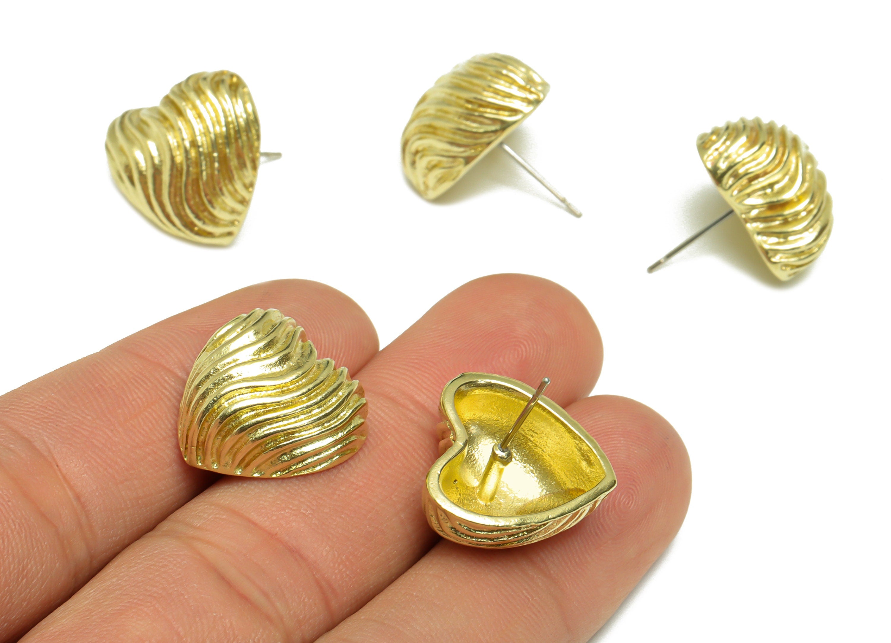 Brass Textured Heart Earring Stud - Raw Brass Cubic Heart Earring Post - Brass Heart Earring Post - Textured Post - 17.38x17.41x9mm - PP9521 - DOMEDBAZAAR