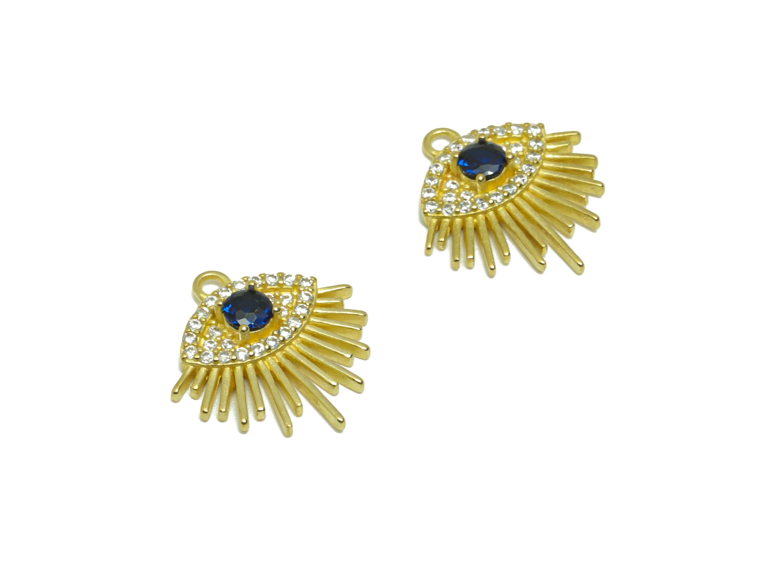 Brass CZ Eye Earring Charm - Raw Brass Cubic Zircon Eyelash Earring Charm - Zircon Blue Eye Pendant - Marquise Charm - 15.6x14x3mm - PP9557 - DOMEDBAZAAR