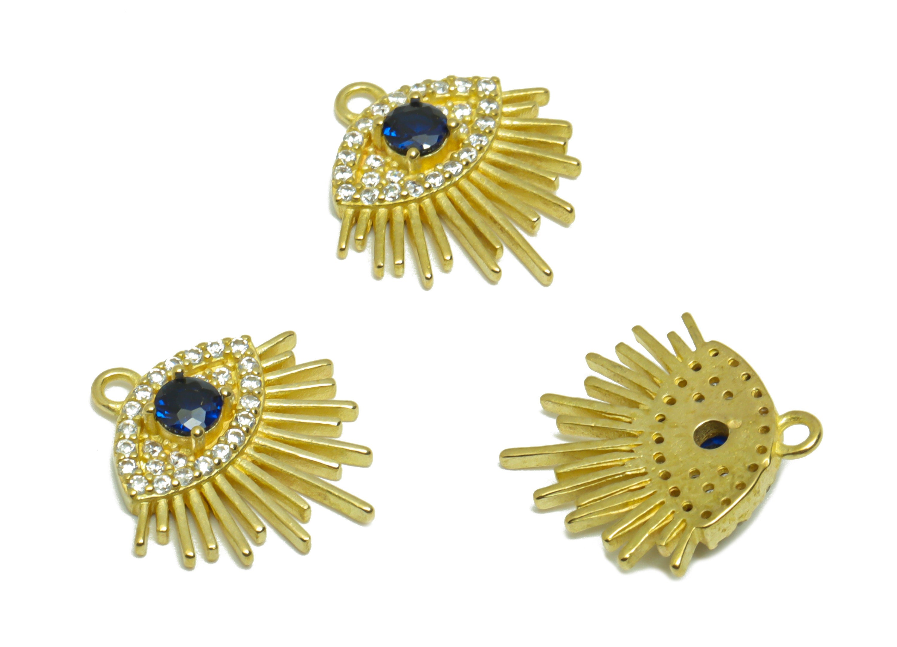 Brass CZ Eye Earring Charm - Raw Brass Cubic Zircon Eyelash Earring Charm - Zircon Blue Eye Pendant - Marquise Charm - 15.6x14x3mm - PP9557 - DOMEDBAZAAR