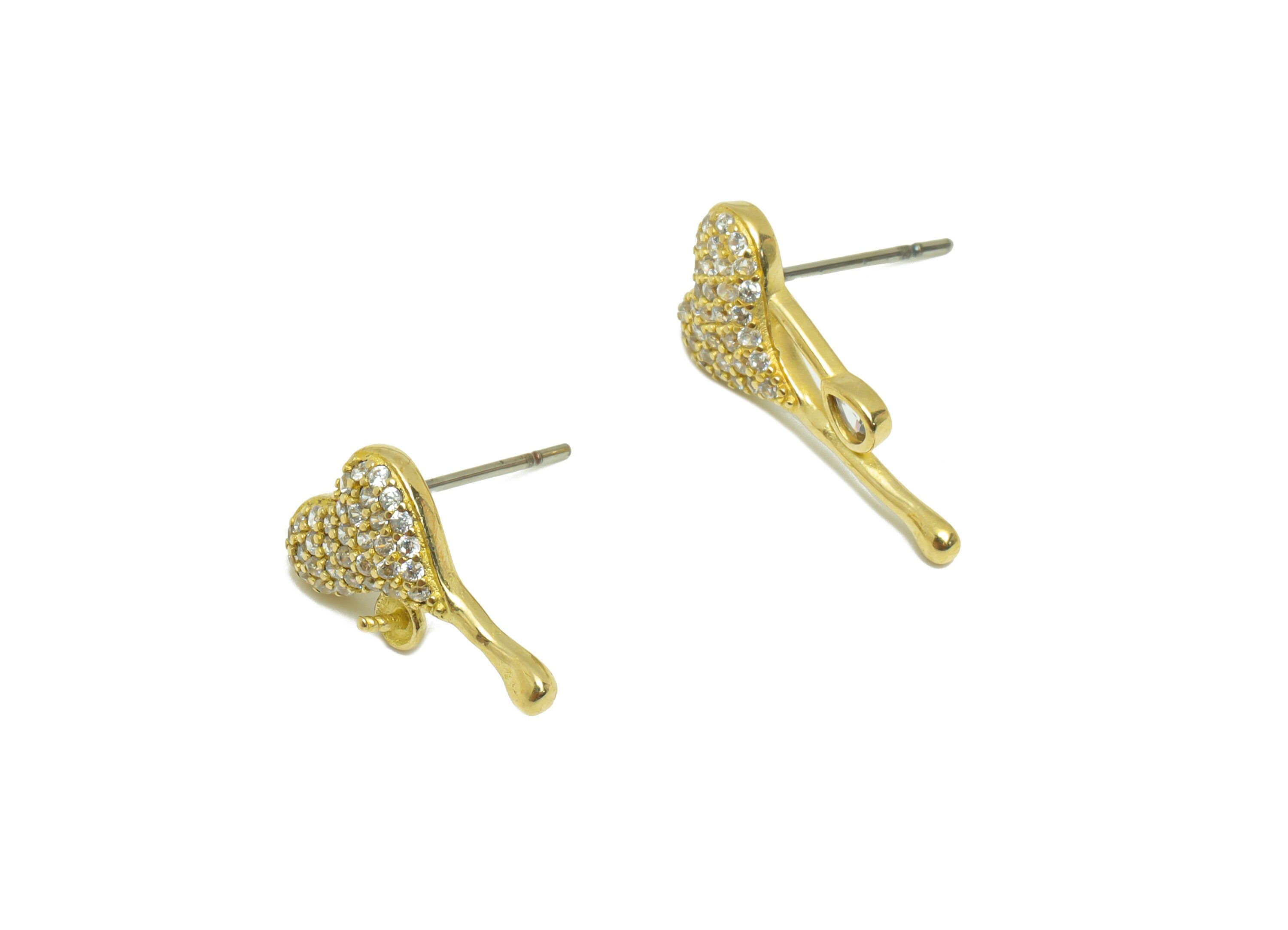 Brass Heart CZ Earring Post Pearl Setting - Raw Brass Melt Earring Stud - Brass Cubic Zircon Melting Heart Earring Post - 19x9x3mm - PP9587 - DOMEDBAZAAR