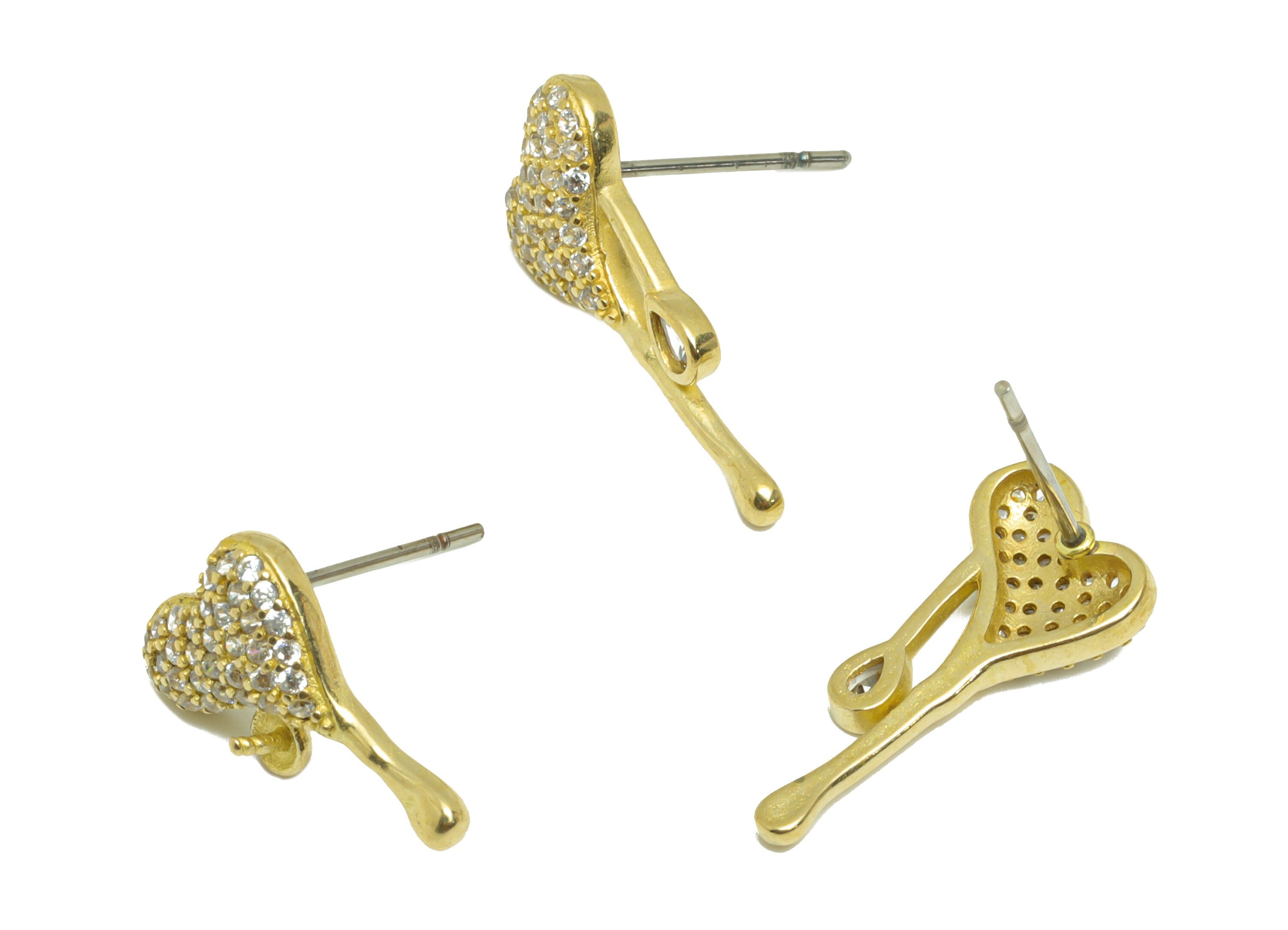 Brass Heart CZ Earring Post Pearl Setting - Raw Brass Melt Earring Stud - Brass Cubic Zircon Melting Heart Earring Post - 19x9x3mm - PP9587 - DOMEDBAZAAR