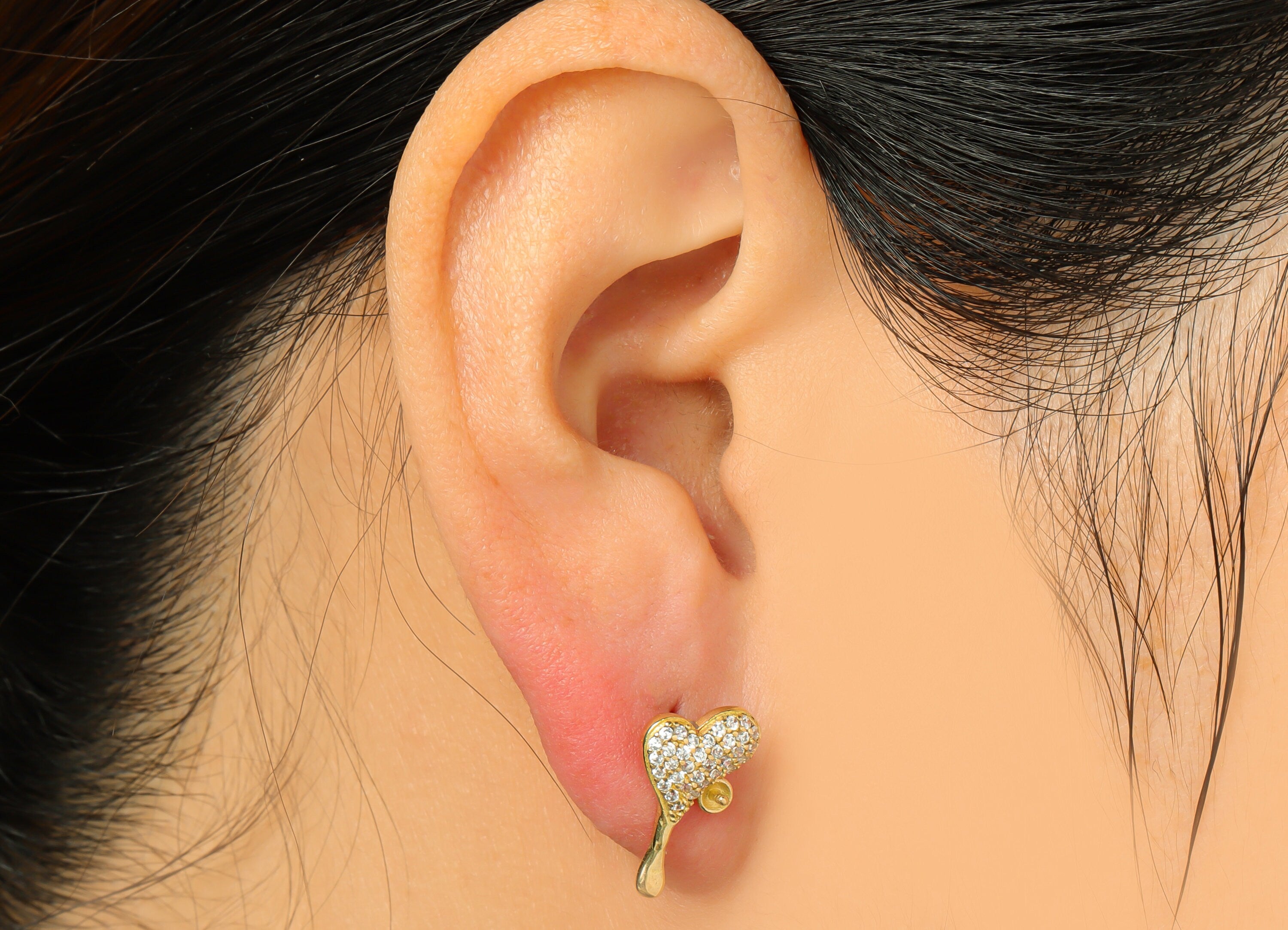 Brass Heart CZ Earring Post Pearl Setting - Raw Brass Melt Earring Stud - Brass Cubic Zircon Melting Heart Earring Post - 19x9x3mm - PP9587 - DOMEDBAZAAR