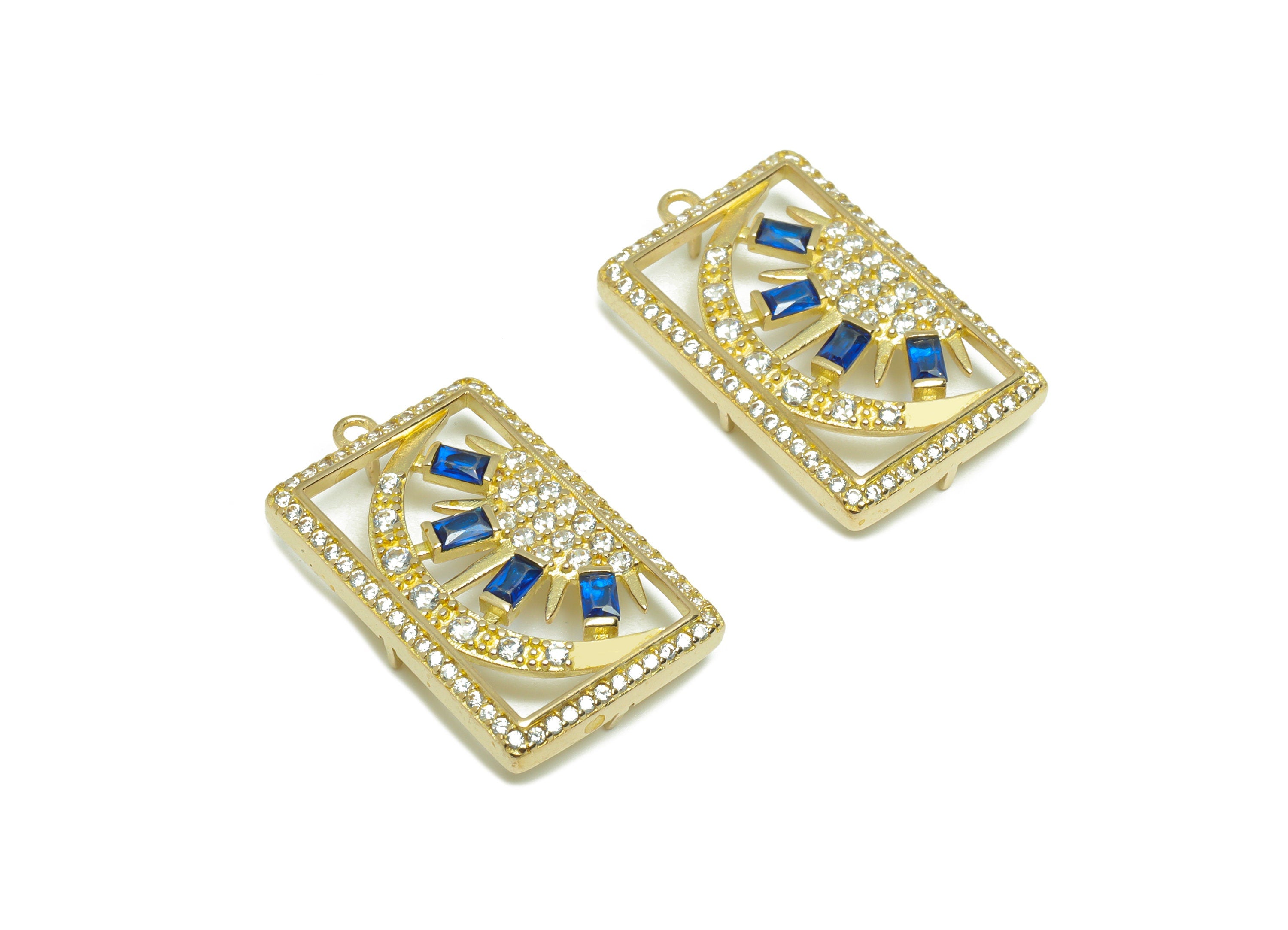 CZ Rectangle Sun Pendant - Raw Brass Zircon Rectangle Earring Charm - Blue Sunshine Pendant - Crescent Charm - 25x15x 2.89mm - PP9591 - DOMEDBAZAAR