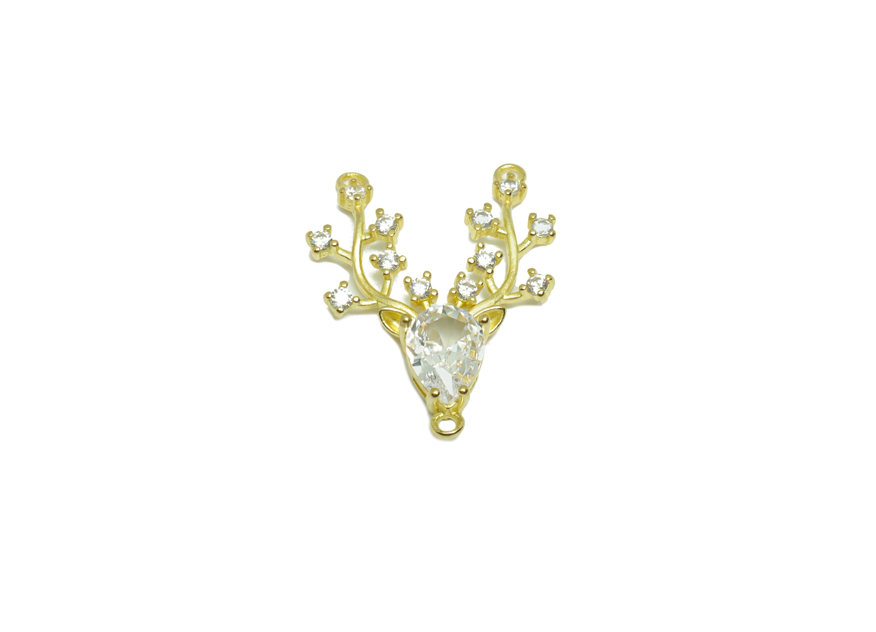 Brass CZ Deer Drop Pendant - Raw Brass Antlers Teardrop Zircon Earring Charm - Zircon Connector - Deer Necklace Charm - 24x17x4mm - PP9547 - DOMEDBAZAAR