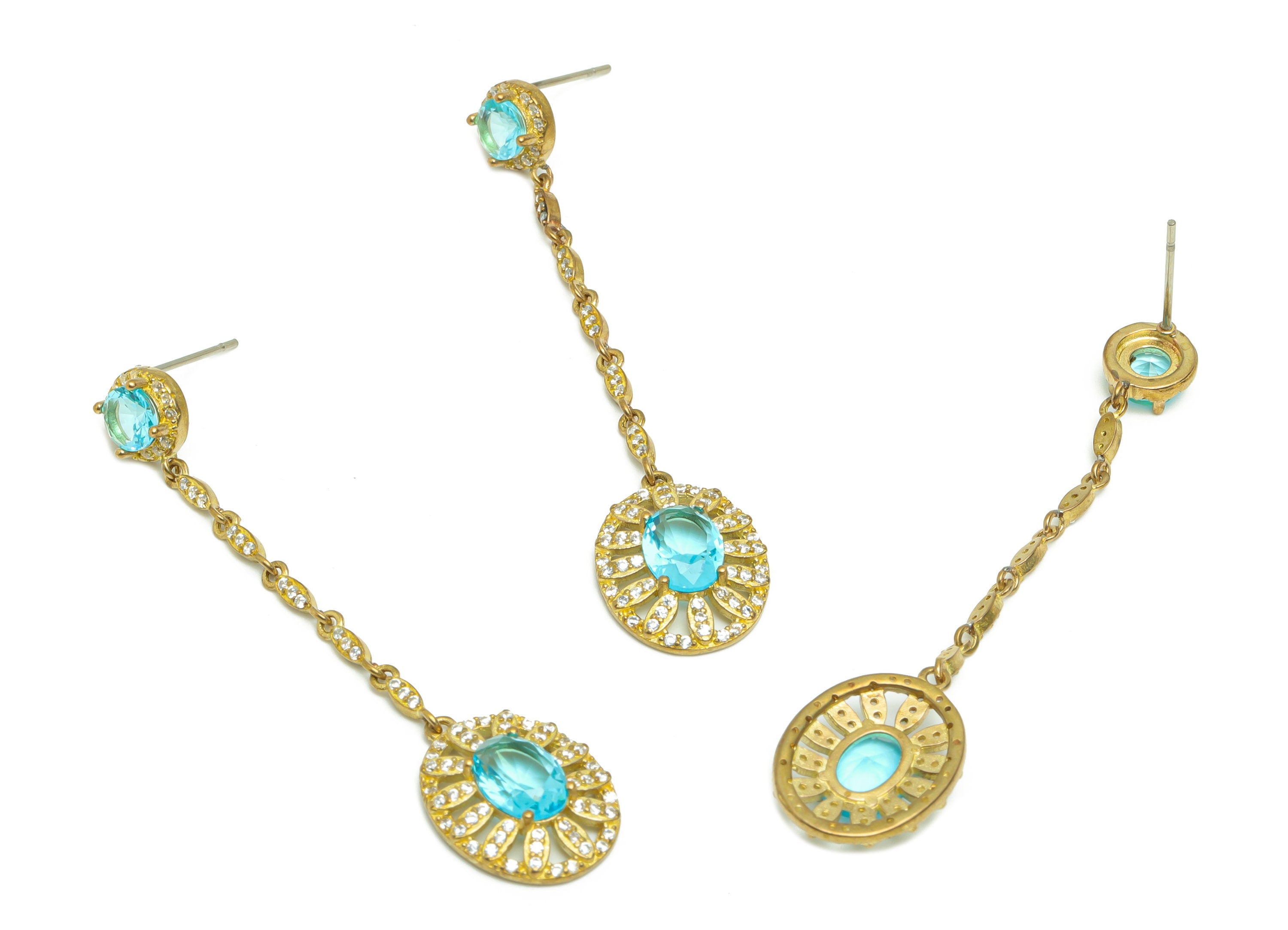 Brass CZ Oval Dangle Earring Post - Raw Brass Cubic Zircon Earring Post - Brass Blue Zircon Hang Oval Earring Post - 56.6x13x4.32mm - PP9580 - DOMEDBAZAAR