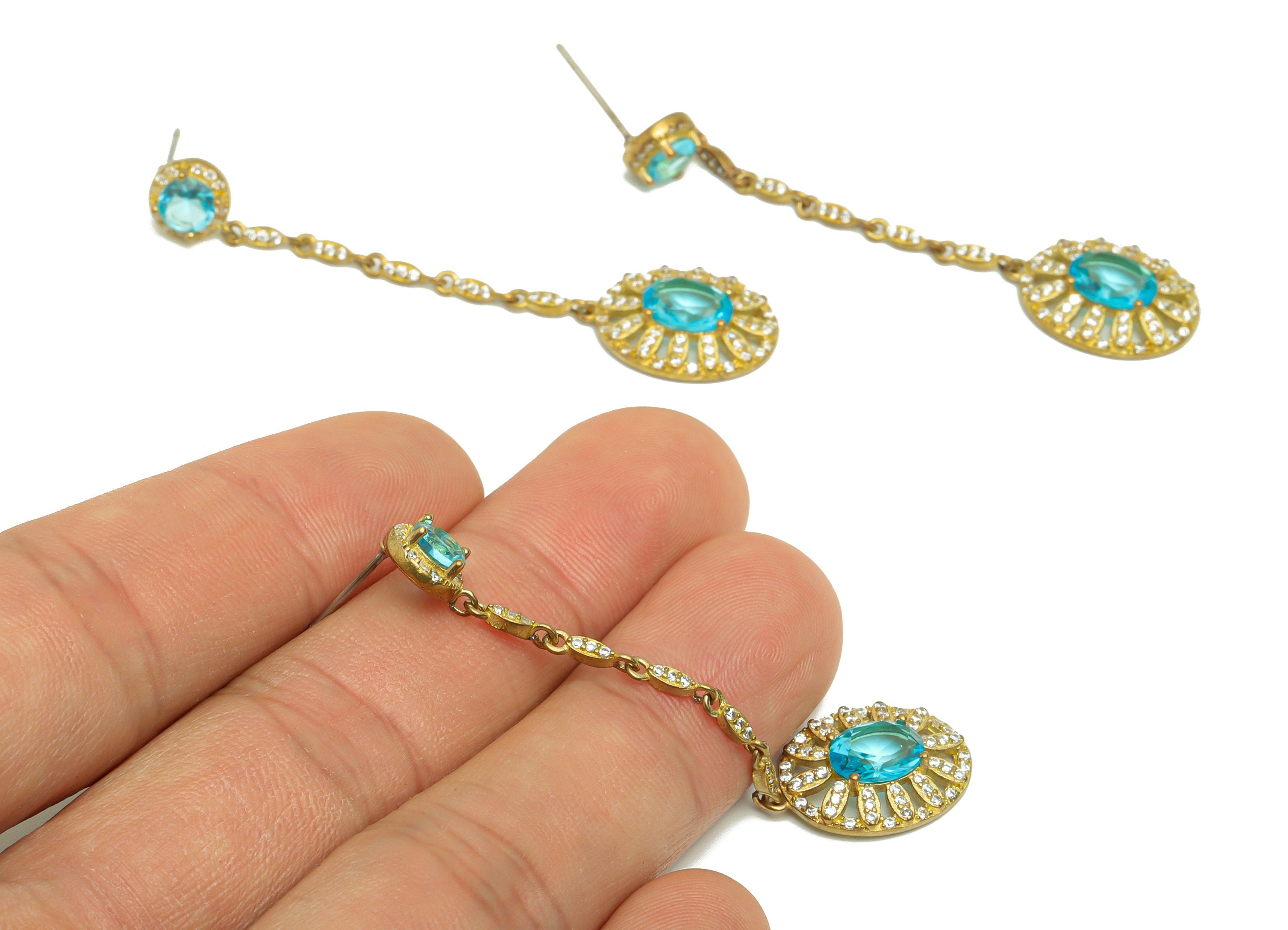 Brass CZ Oval Dangle Earring Post - Raw Brass Cubic Zircon Earring Post - Brass Blue Zircon Hang Oval Earring Post - 56.6x13x4.32mm - PP9580 - DOMEDBAZAAR