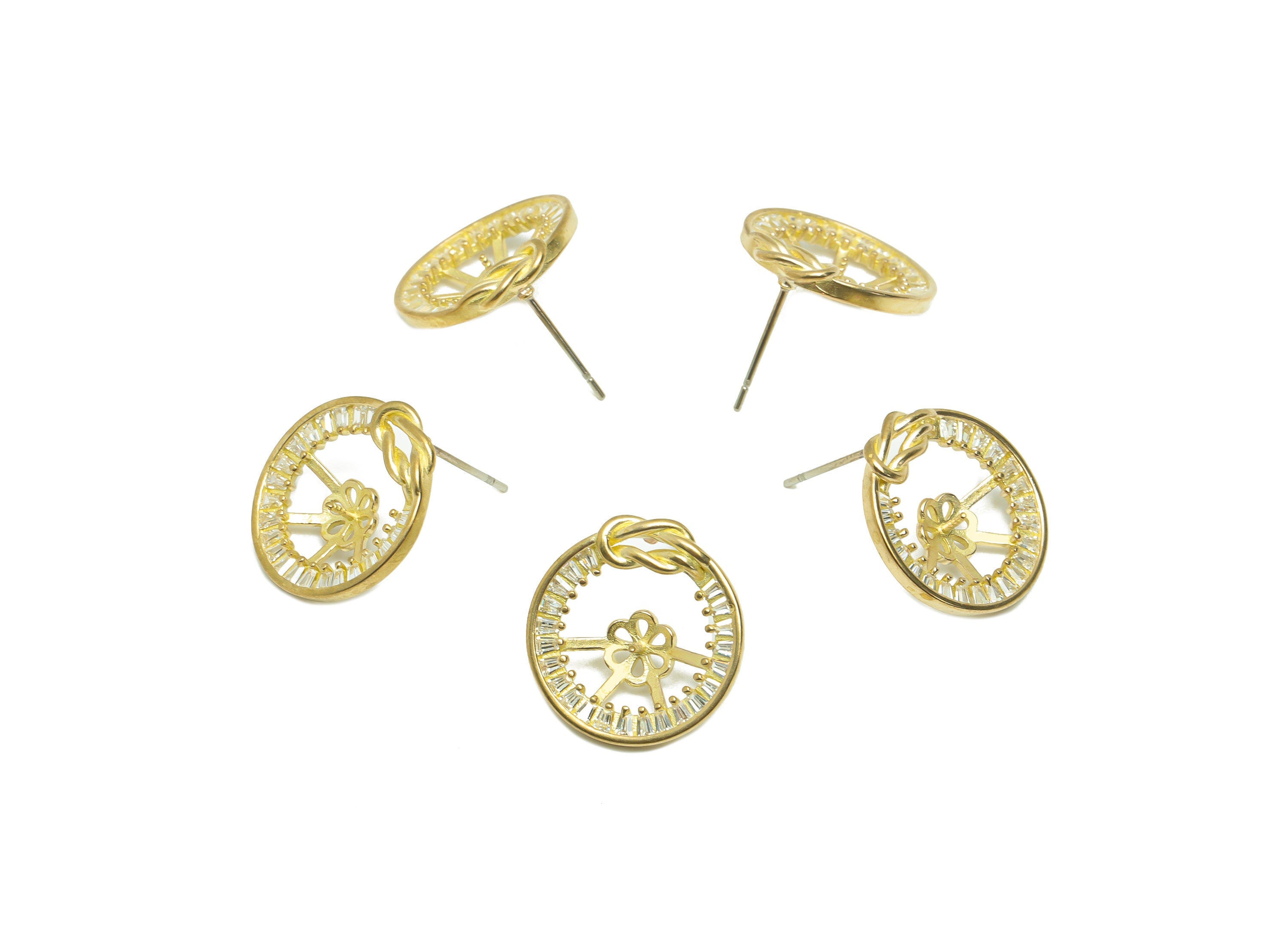 Brass CZ Round Earring Post - Raw Brass Cubic Zircon Earring Post - Brass Pearl Setting Flower Earring Post - For Pearl - 18x17x4mm - PP9590 - DOMEDBAZAAR