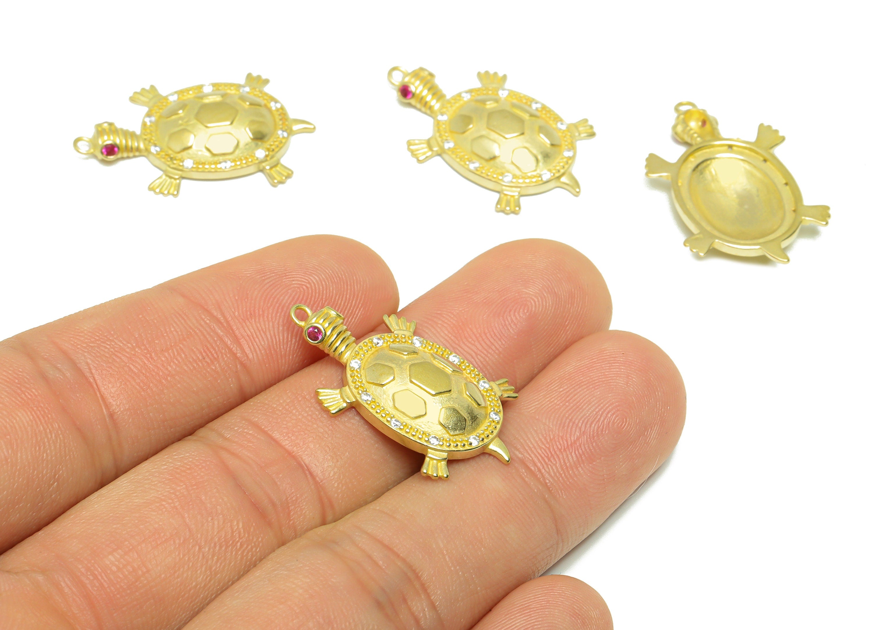 CZ Turtle Figure Pendant - Raw Brass Turtle Cubic Zircon Earring Charm - Turtle Zircon Pendant - Animal Pendant - 29x18.43x3mm - PP9559 - DOMEDBAZAAR