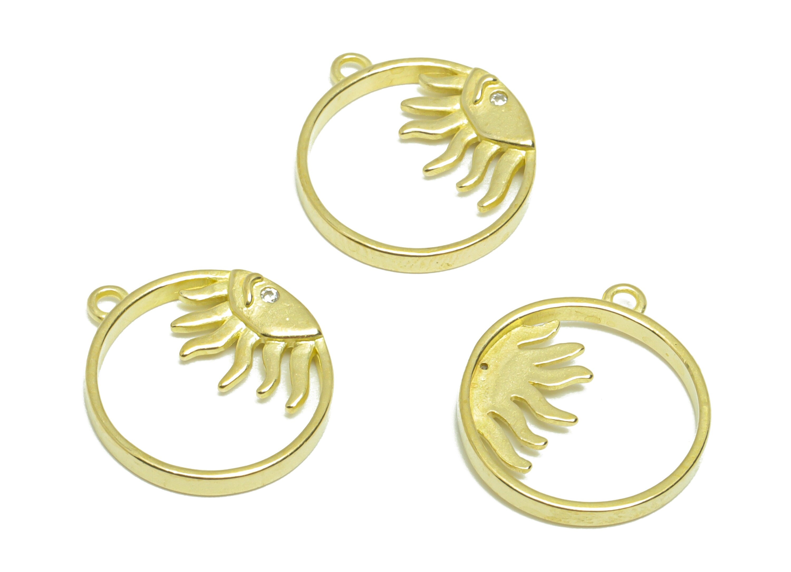 Brass CZ Sun Earring Charm - Raw Brass Sunshine Earring Charm - Brass Cubic Zircon Pendant - Round Zircon Pendant - 17.4x14.6x1.8mm - PP9570 - DOMEDBAZAAR