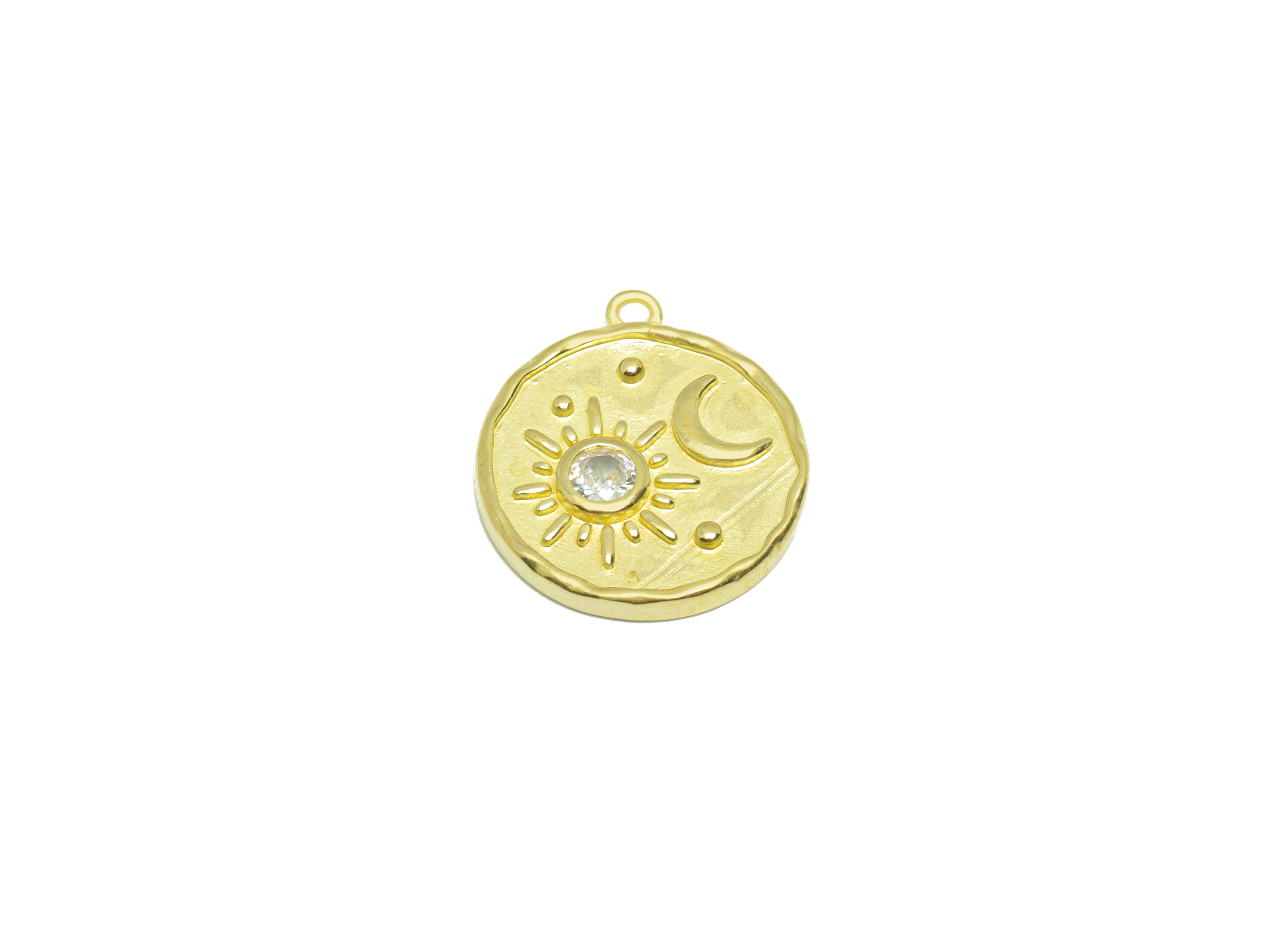 Brass Crescent Earring Charm - Raw Brass Sun Earring Charm - Brass Space Zircon Pendant - CZ Celestial Round Charm - 19.2x17x2.4mm - PP9576 - DOMEDBAZAAR