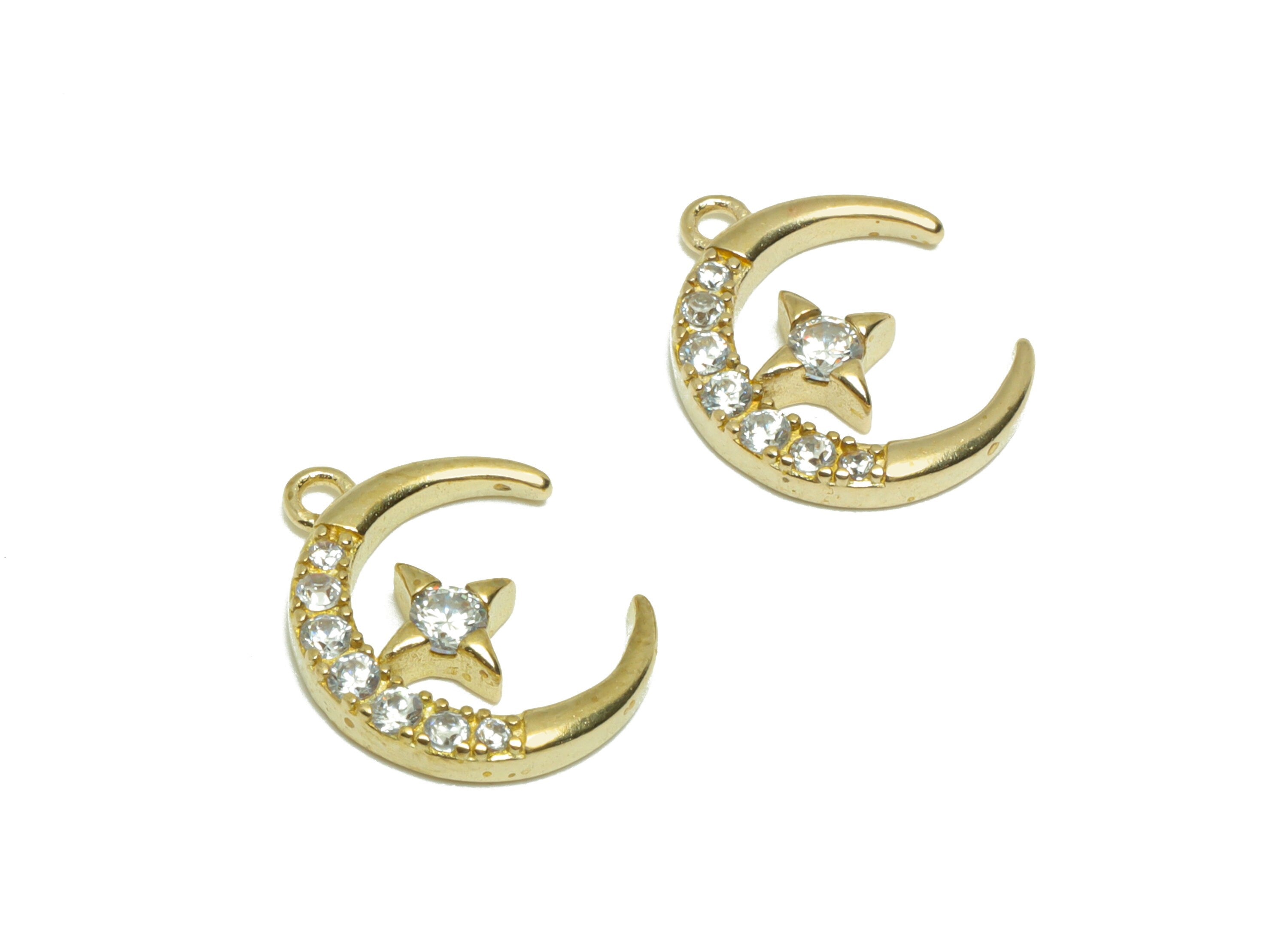 Brass CZ Crescent Earring Charm - Raw Brass Star Earring Charm - Brass Moon Cubic Zircon Pendant - Celestial Charm - 13.9x11x2mm - PP9577 - DOMEDBAZAAR