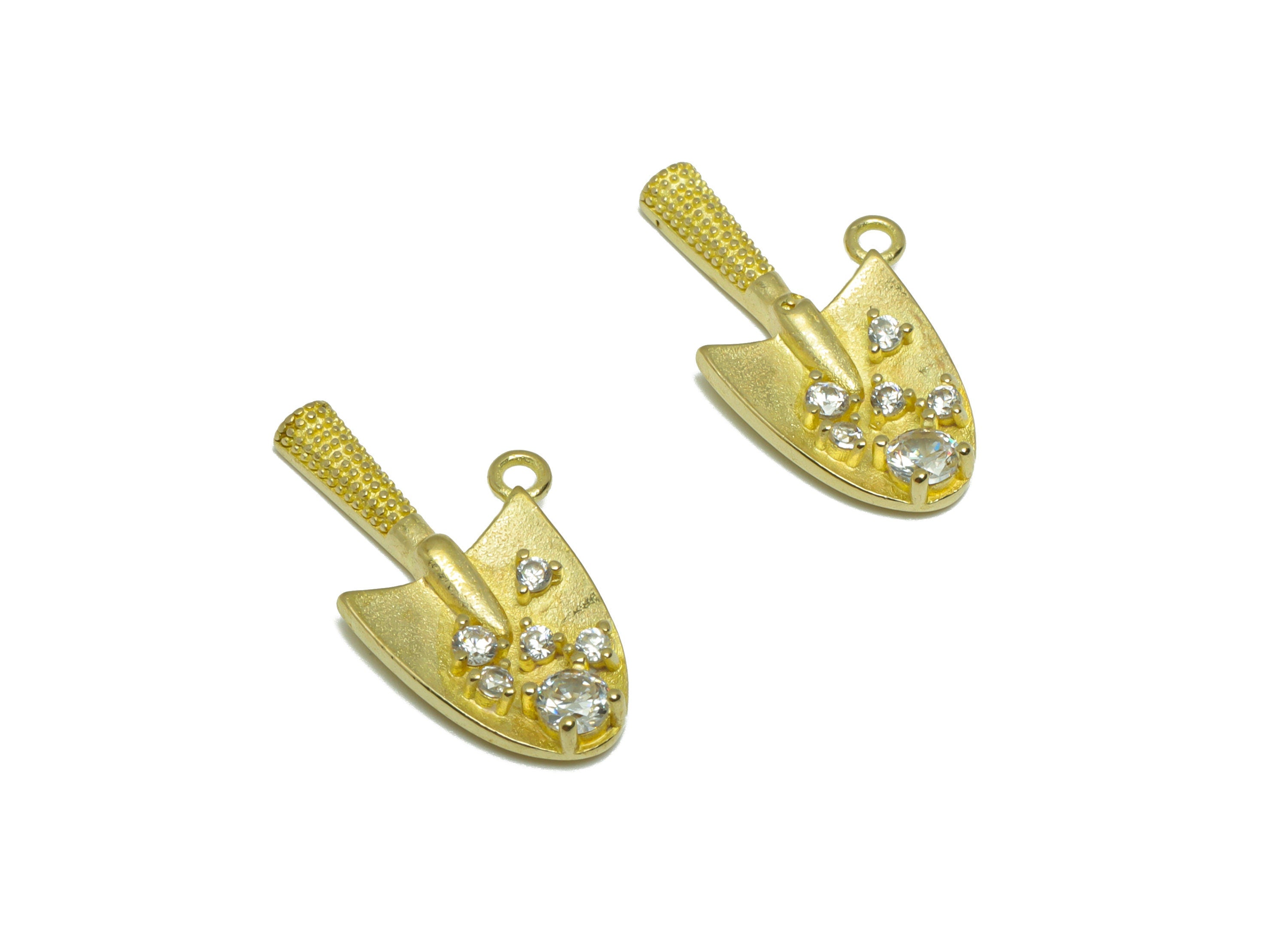 Brass CZ Shovel Earring Charm - Raw Brass Shovel Figure Charm - Brass Shovel Cubic Zircon Pendant - Shovel Pendant - 20.9x10.6x2mm - PP9553 - DOMEDBAZAAR