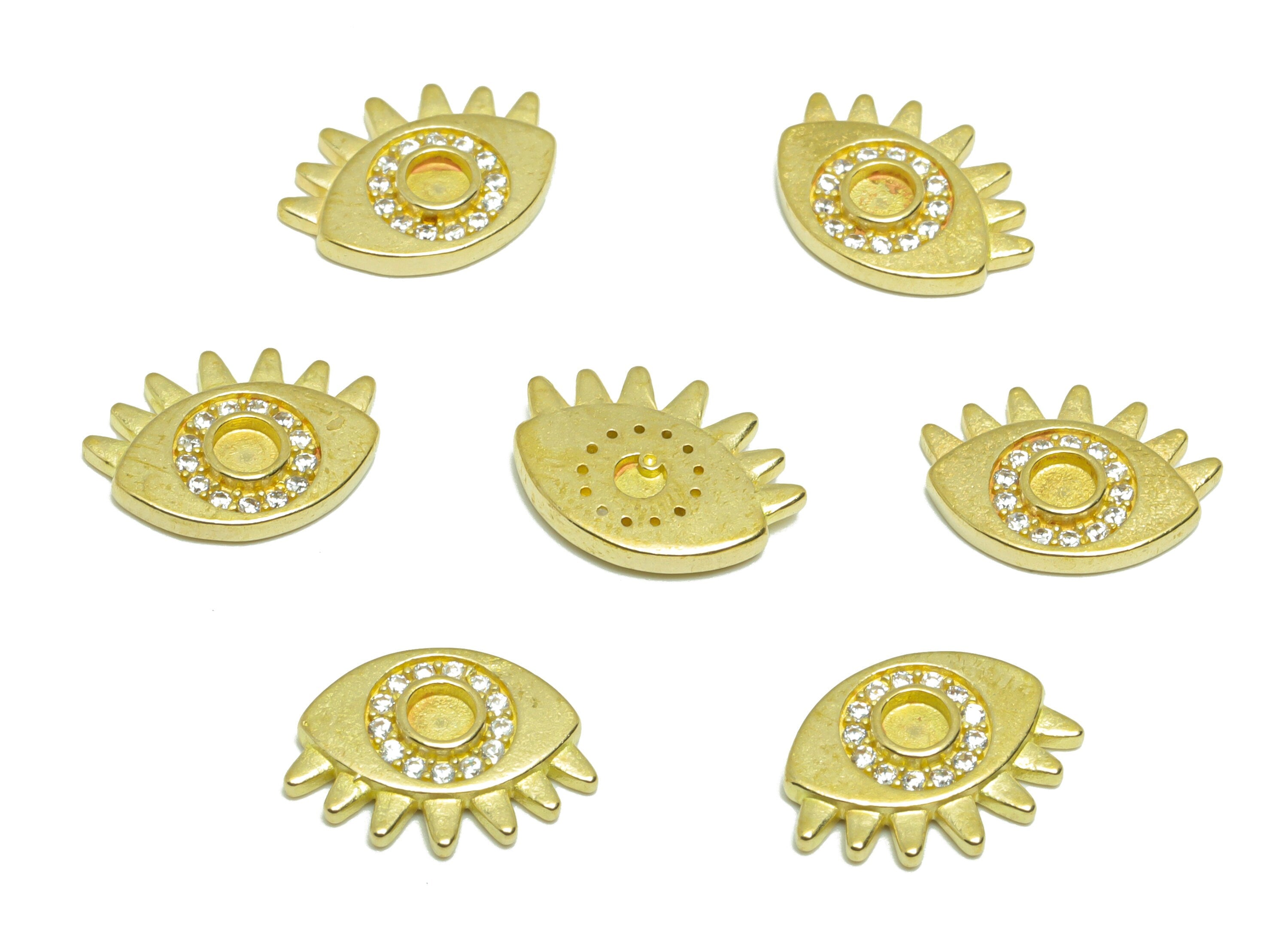 Brass CZ Eye Earring Charm - Raw Brass Eyelash Earring Charm - Brass Eye Cubic Zircon Charm - Eyelash Pendant - 13.5x10.1x2.28mm - PP9554 - DOMEDBAZAAR