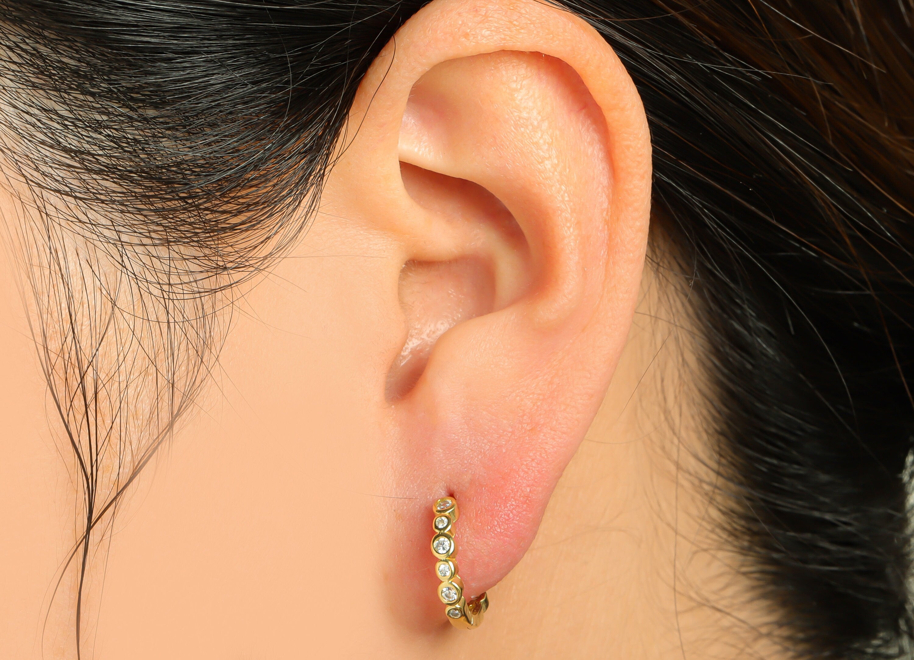 Brass CZ Round Huggie Hoop Earring - Raw Brass Cubic Zircon Hoop Huggie Earring - Brass Beaded Huggie Hoop Earring - 14.10x12x2mm - PP9531 - DOMEDBAZAAR