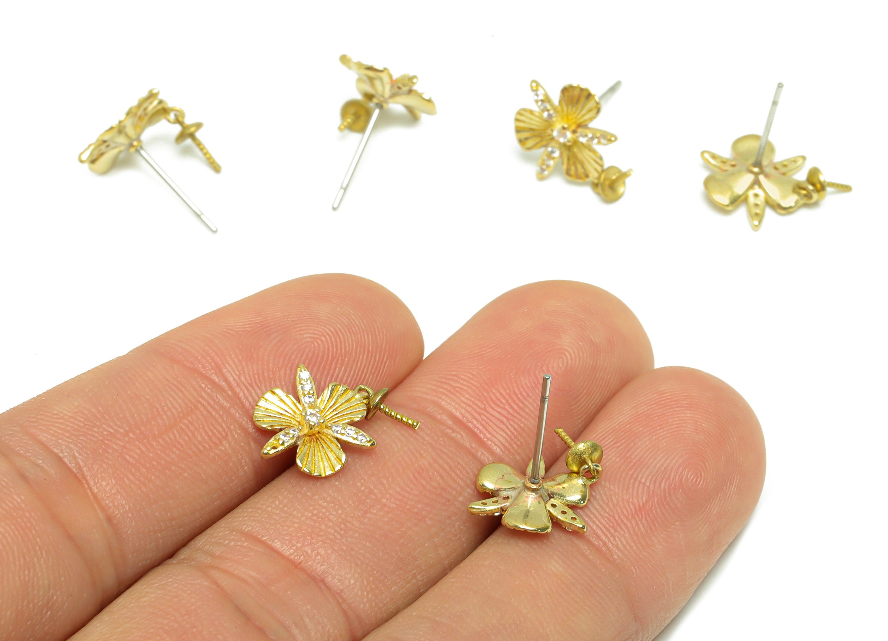 Brass CZ Flower Earring Post - Raw Brass Earring Stud Pearl Setting - Brass Cubic Zircon Bead Setting Earring Stud - 17x11x3mm -PP9698 - DOMEDBAZAAR