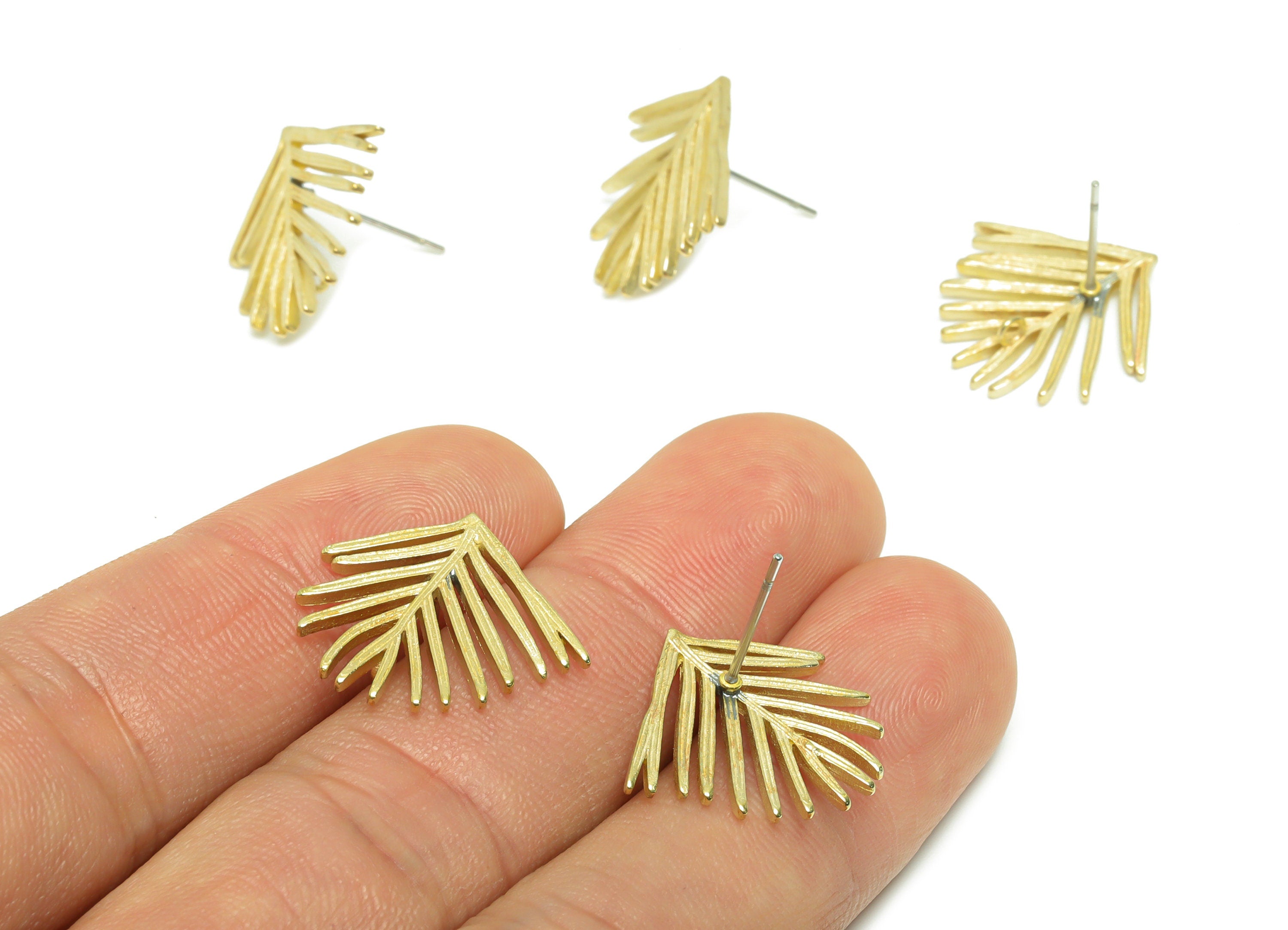 Brass Leaf Earring Post - Raw Brass Coconut Tree Earring Stud With Loop - Brass Botanical Textured Earring Stud - 19.9x17.7x3.3mm -PP9664 - DOMEDBAZAAR