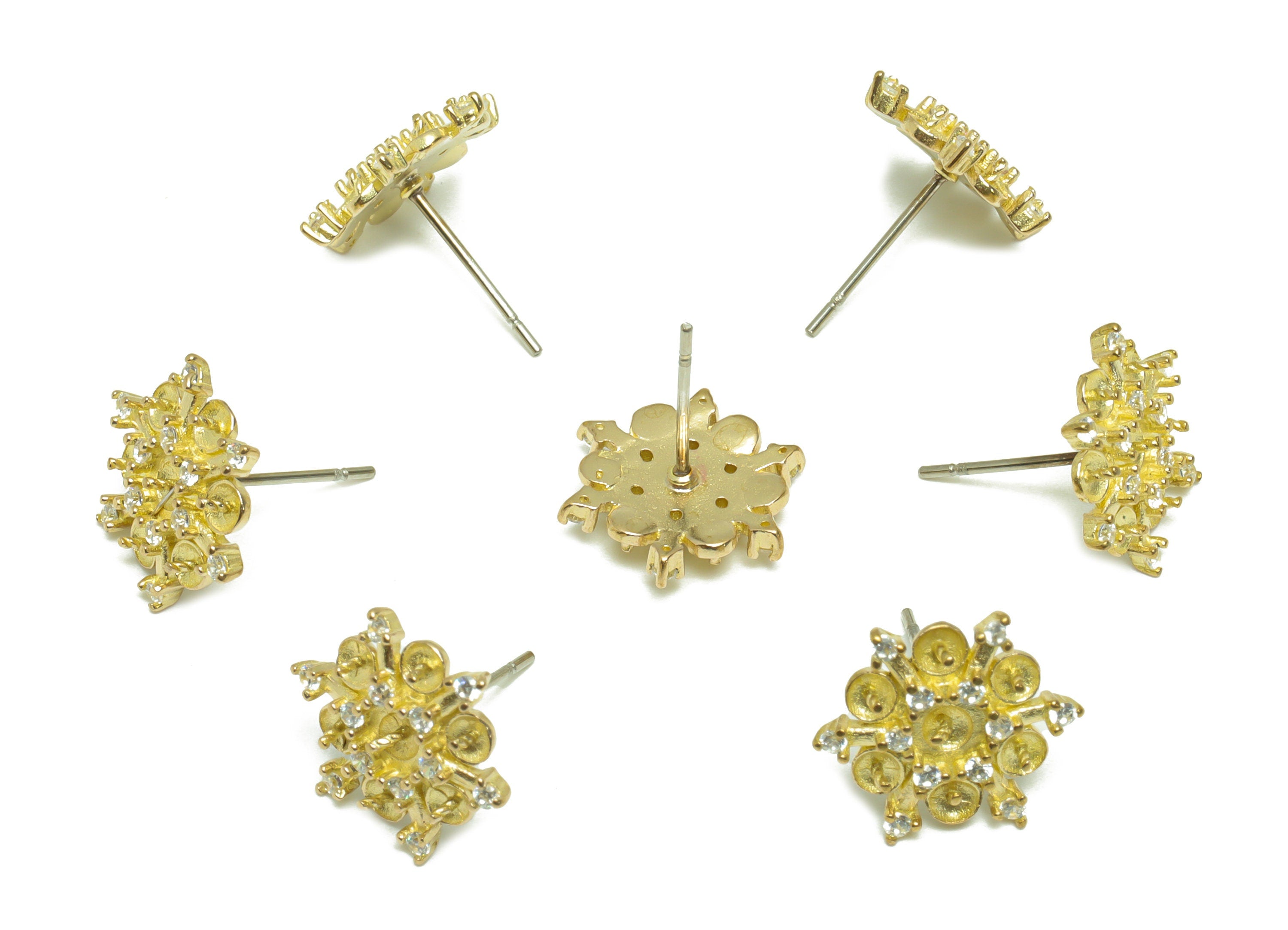 Brass CZ Flower Earring Stud - Raw Brass Cubic Zircon Flower Earring For Pearl - Pearl Setting For Earring Post - 14.05x14x3.09mm - PP9706 - DOMEDBAZAAR