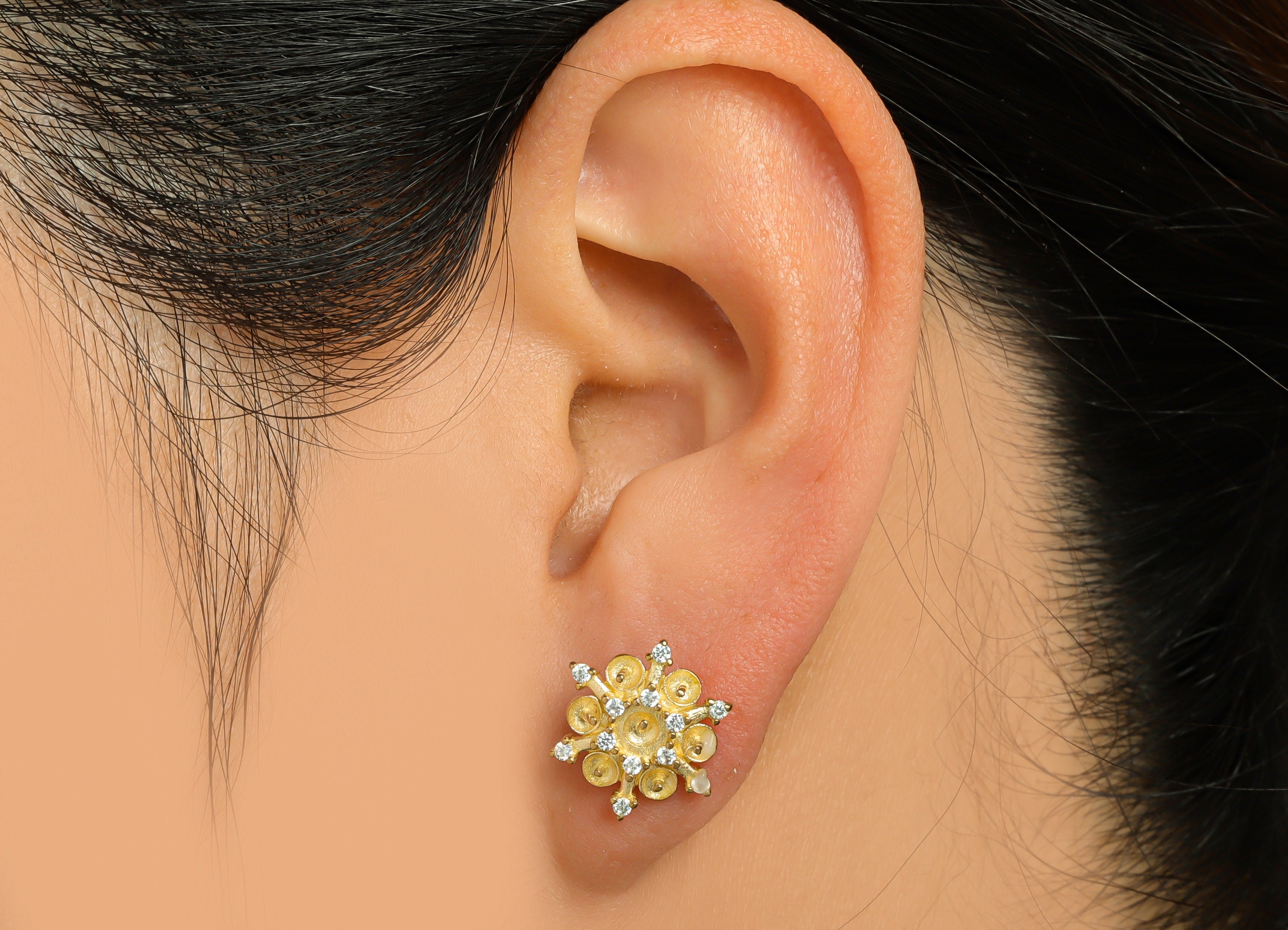 Brass CZ Flower Earring Stud - Raw Brass Cubic Zircon Flower Earring For Pearl - Pearl Setting For Earring Post - 14.05x14x3.09mm - PP9706 - DOMEDBAZAAR