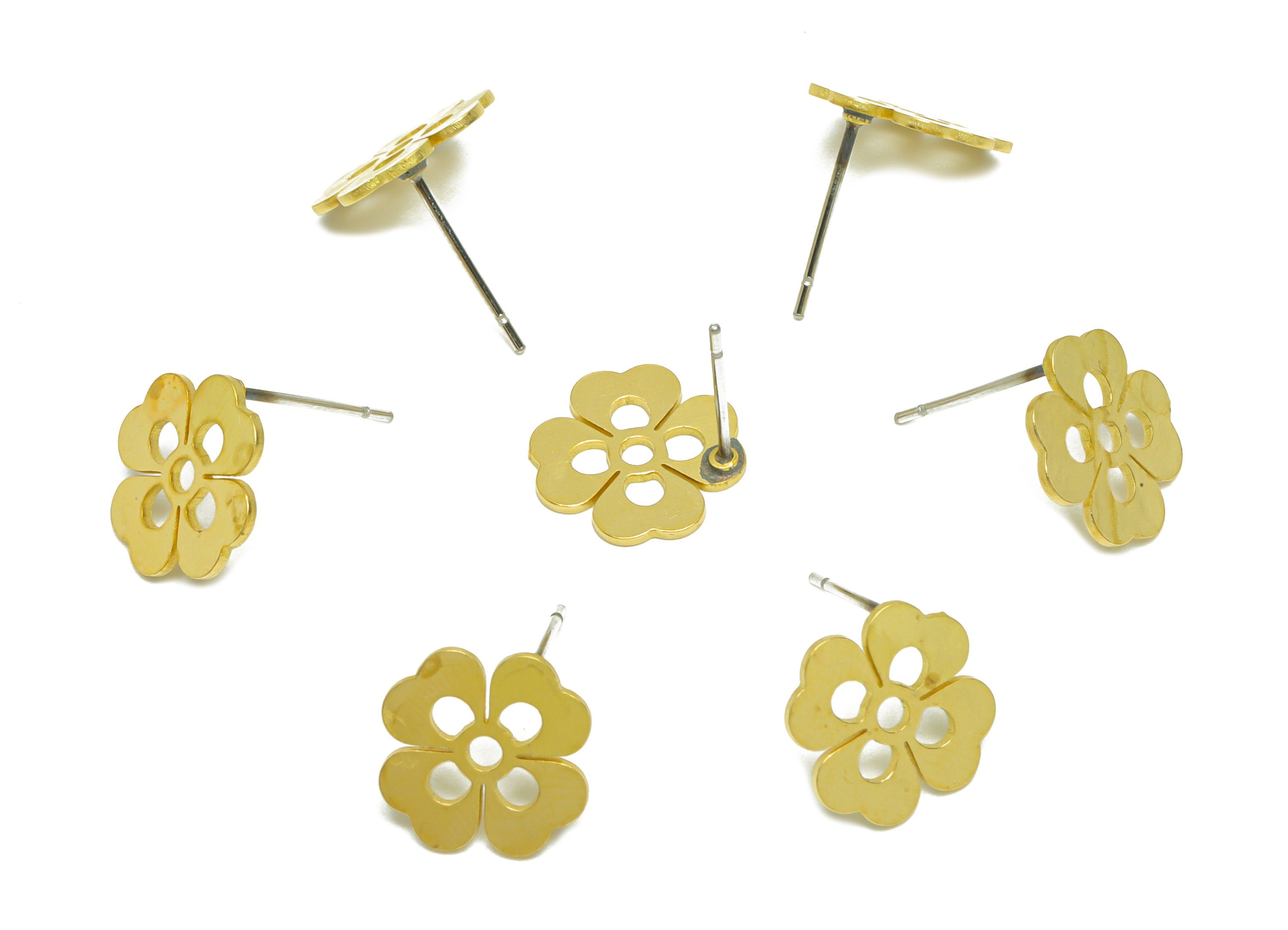 Brass Flower Earring Stud - Raw Brass Four Leaf Clover Earring Post - Brass Botanical Leaf Clover Earring Post - 13.1x11x0.7mm - PP9792 - DOMEDBAZAAR