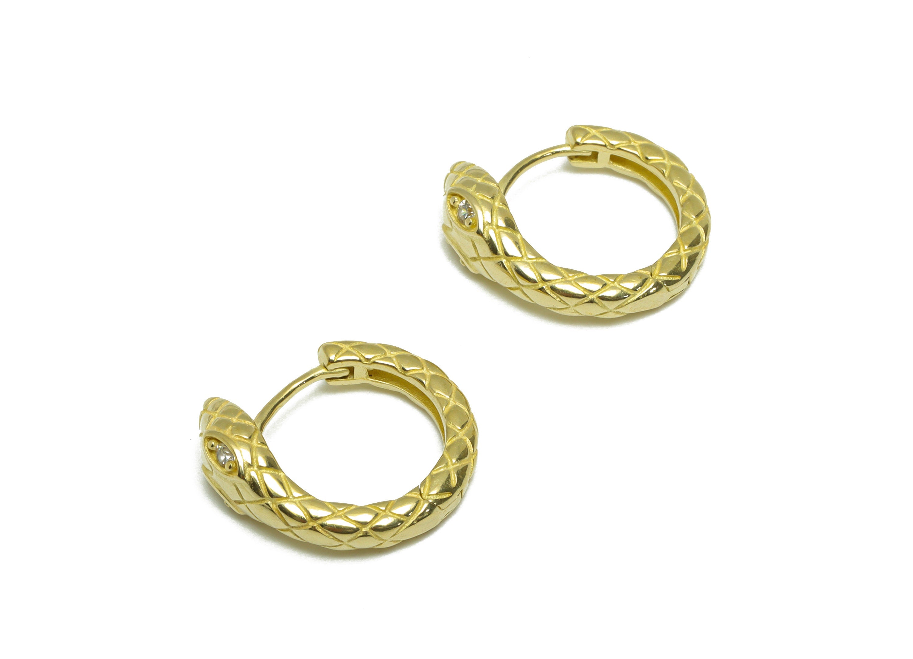 Brass CZ Snake Huggie Hoop Earring - Raw Brass Cubic Zircon Hoop Wire Earring - Textured Snake Huggie Clasp Hoop Earring - 18x17x6mm -PP9791 - DOMEDBAZAAR