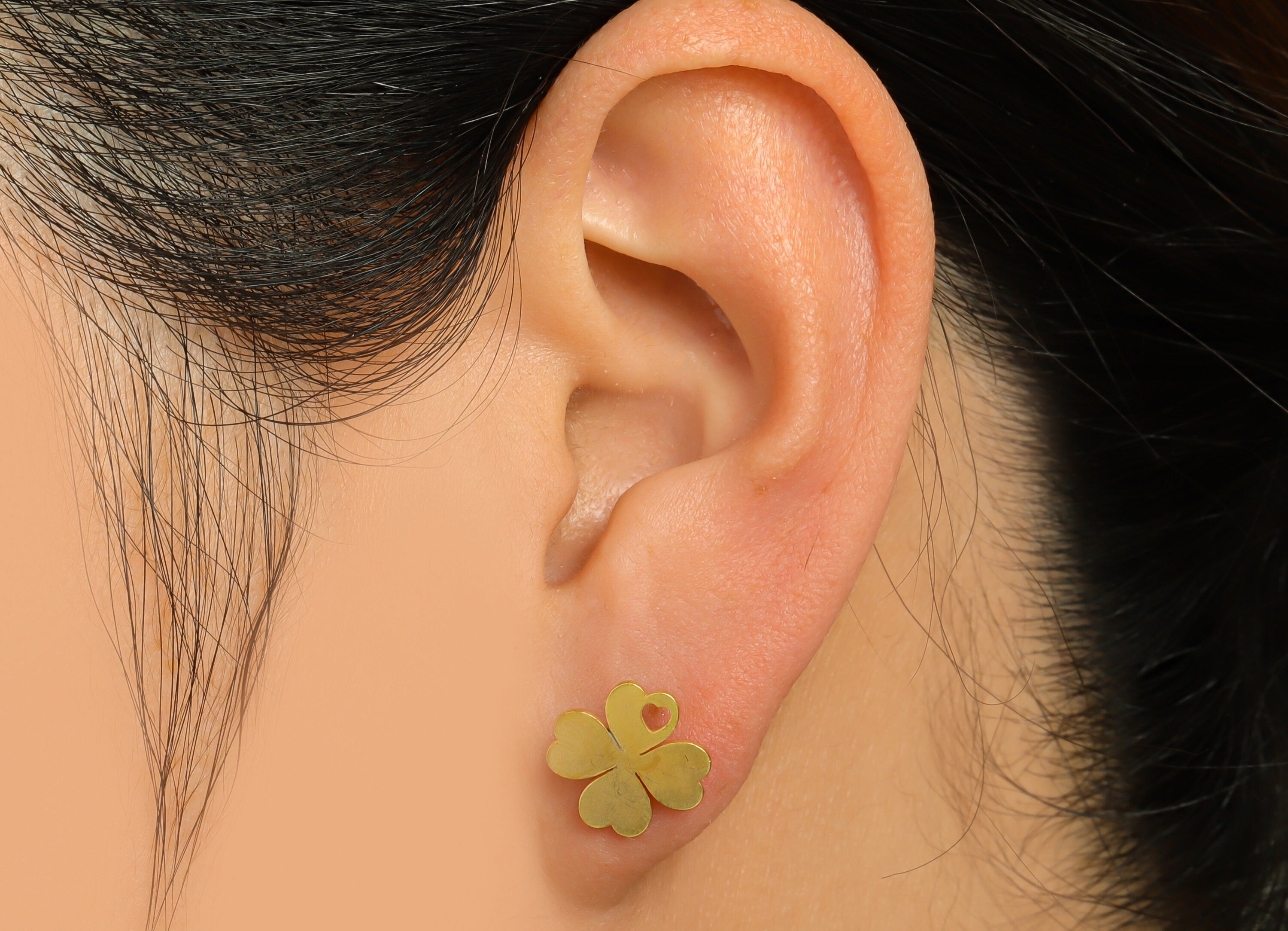 Brass Flower Earring Stud - Raw Brass Four Leaf Clover Earring Post - Brass Heart Leaf Clover Earring Post - 13.1x11x0.7mm - PP9796 - DOMEDBAZAAR