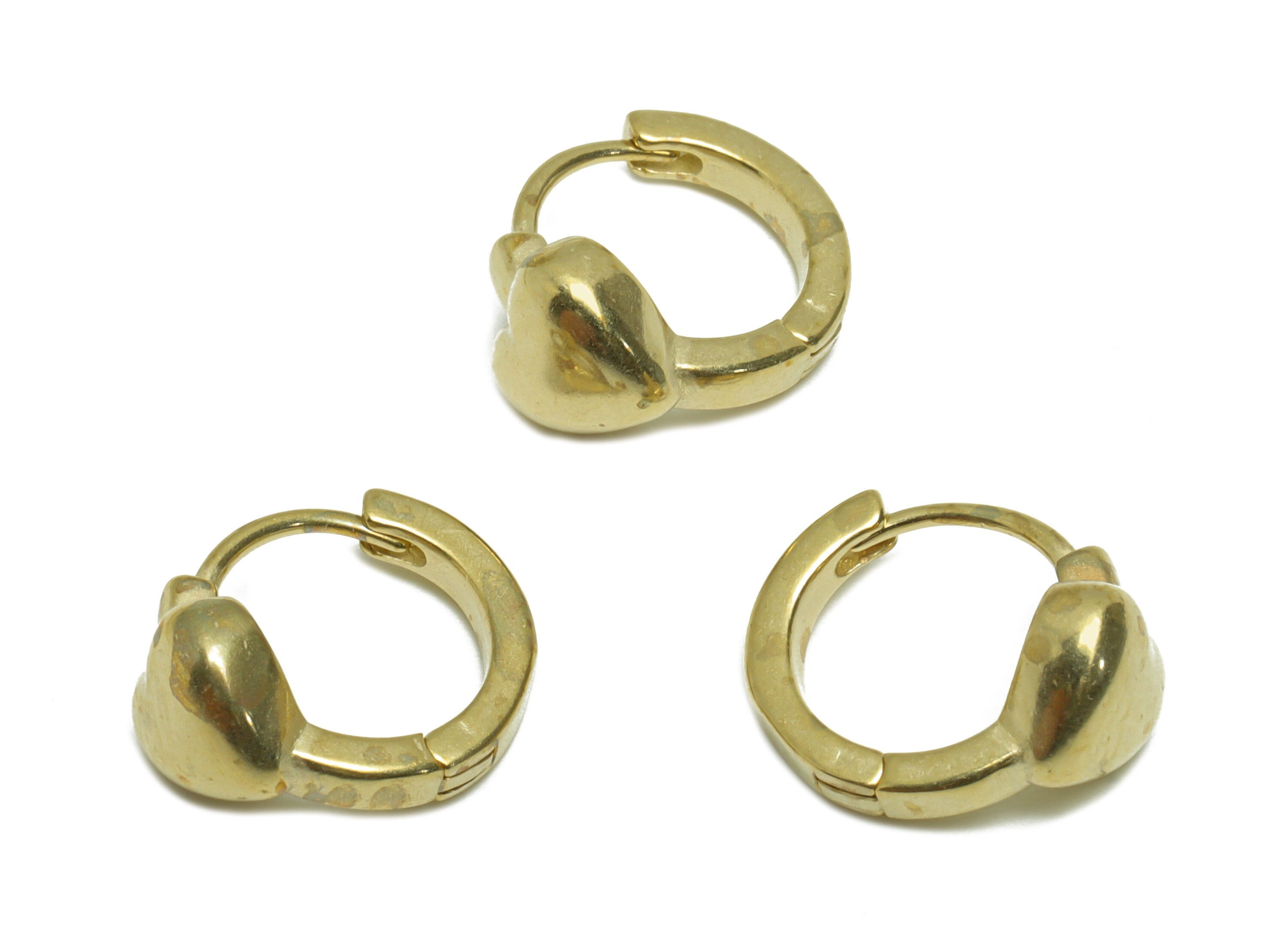 Brass Heart Huggie Hoop Earring - Raw Brass Round Hoop Wire Earring - Brass Cubic Heart Huggie Hoop Earring - 14.6x12.2x7.4mm - PP9803 - DOMEDBAZAAR