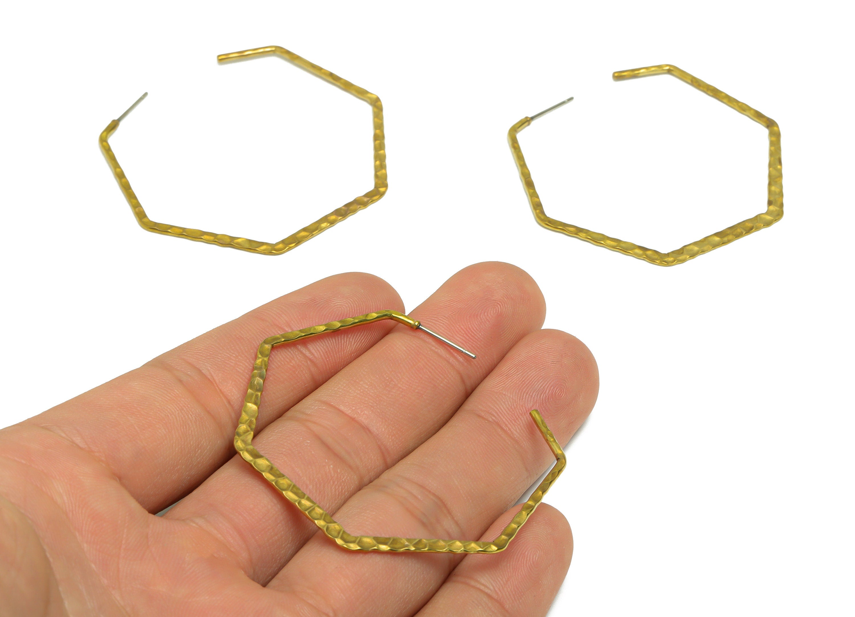 Hammered Hexagon C Hoop Earring - Raw Brass Hoop Earring Post - Brass Open Hoop Earring Post - Geometry Hoop Earring - 48x50x1mm - PP9376 - DOMEDBAZAAR
