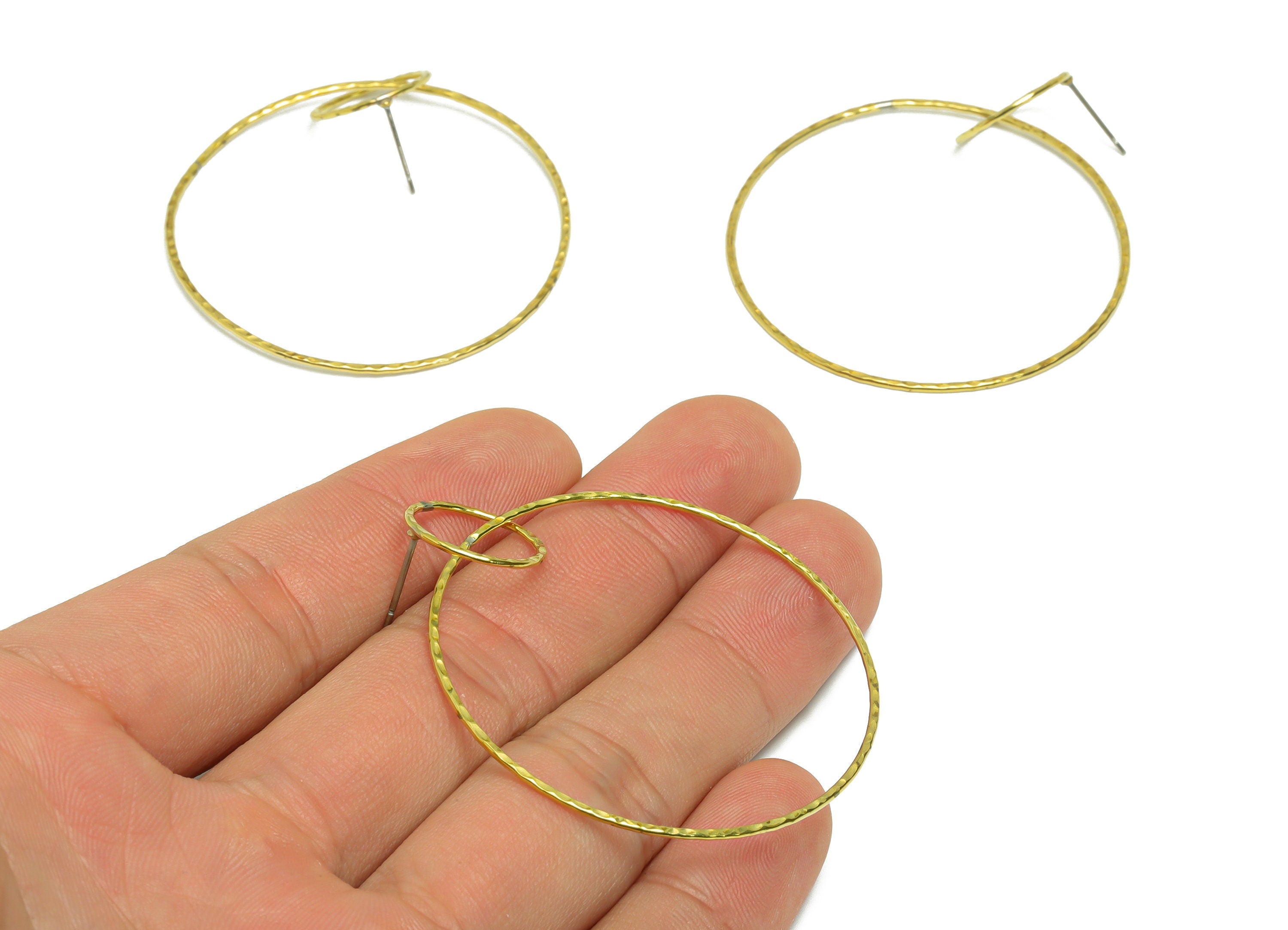 Hammered Dangle Earring Stud - Raw Brass Double Circle Earring Post - Brass Hoop Earring Post - Hammered Earring Post - 57x45x1mm - PP9351 - DOMEDBAZAAR