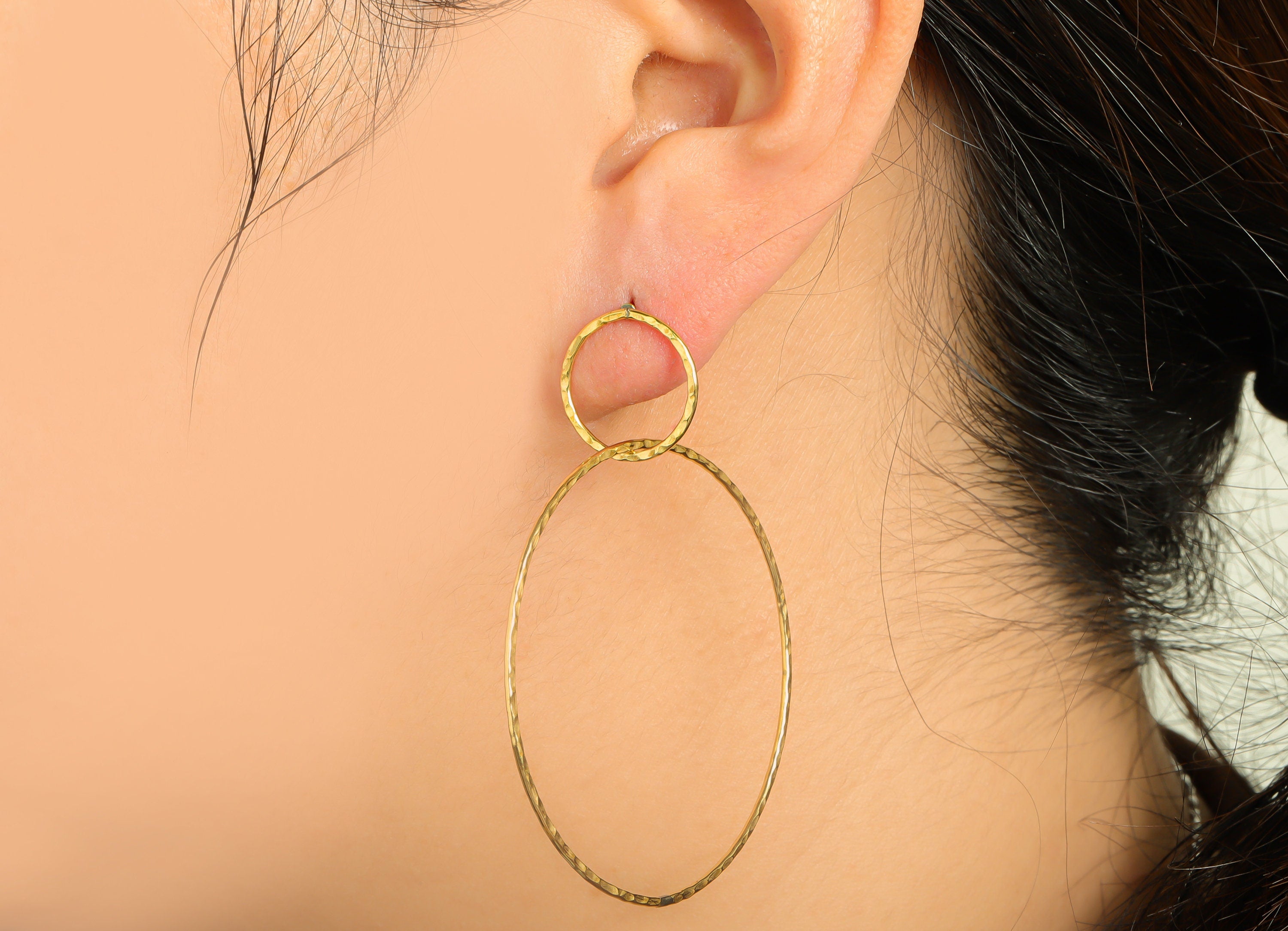 Hammered Dangle Earring Stud - Raw Brass Double Circle Earring Post - Brass Hoop Earring Post - Hammered Earring Post - 57x45x1mm - PP9351 - DOMEDBAZAAR