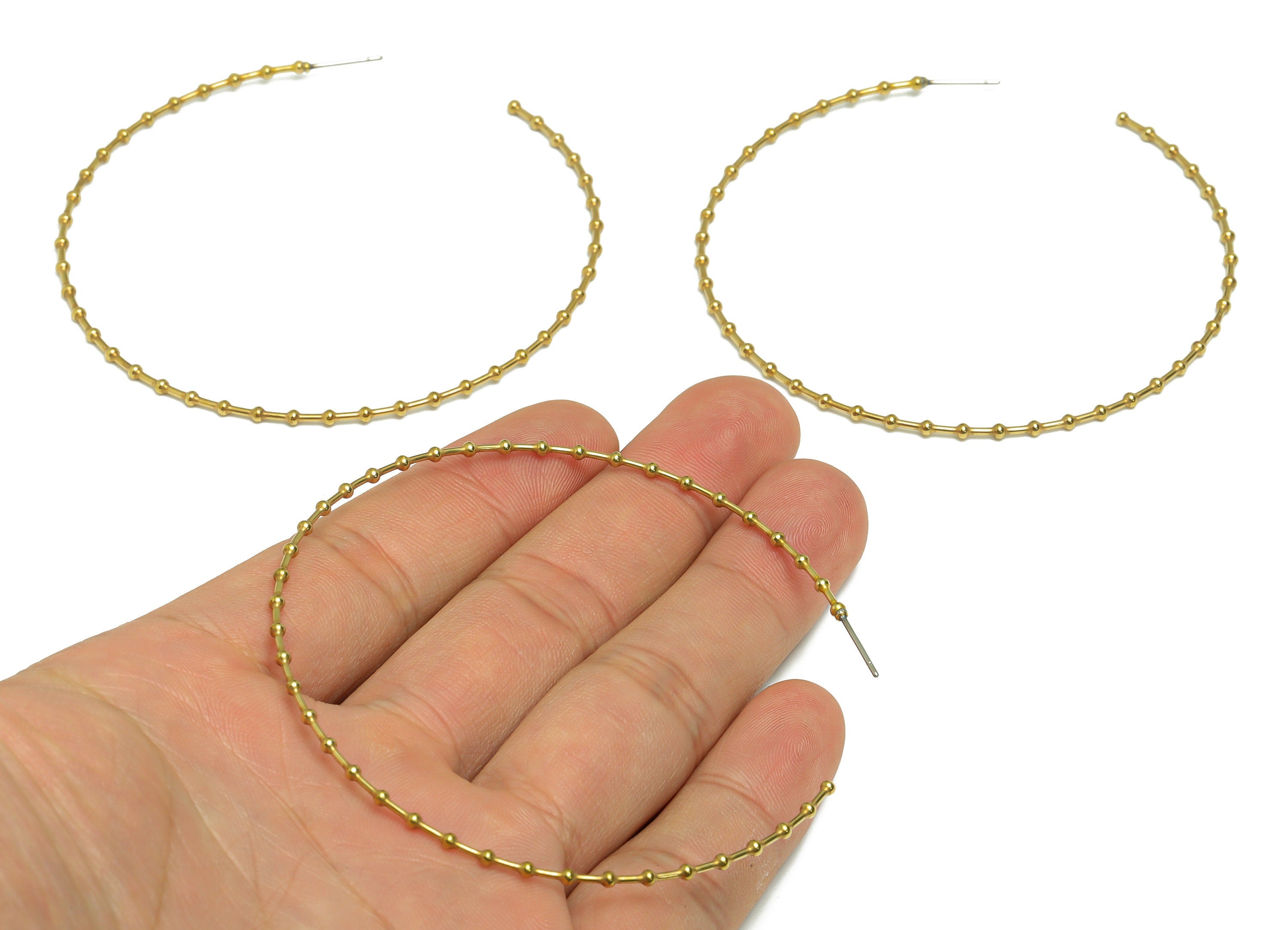 Brass Bead Hoop Earring Stud - Raw Brass Huge Wire C Hoop Earring Post - Brass Zig Zag Earring Post - Ball Hoop Earring - 72x75x1mm - PP9363 - DOMEDBAZAAR