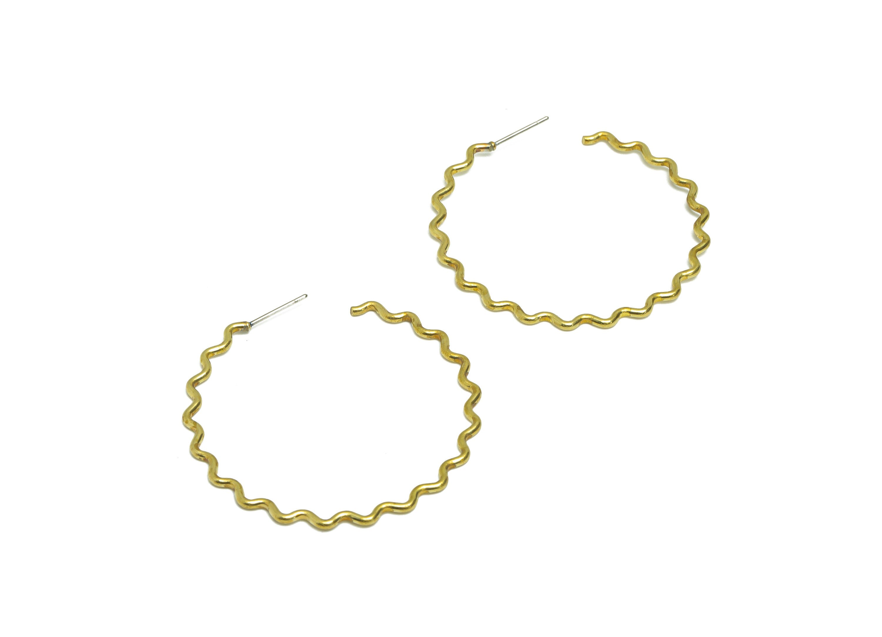 Brass Wire C Hoop Earring Stud - Raw Brass Wavy Hoop Earring Post - Brass Zig Zag Wire C Hoop Earring - Wavy Earring - 46x44x1.38mm - PP9365 - DOMEDBAZAAR