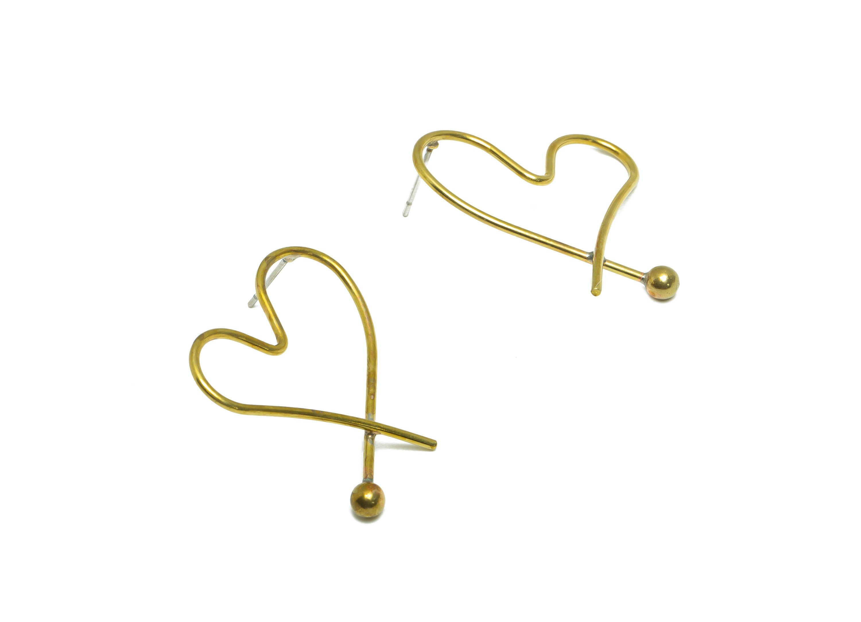 Brass Heart Wire Earring Stud - Raw Brass Wire Earring Post - Brass Heart Ball Earring Post - Heart Bead Earring Post - 33.8x28x1mm - PP9356 - DOMEDBAZAAR