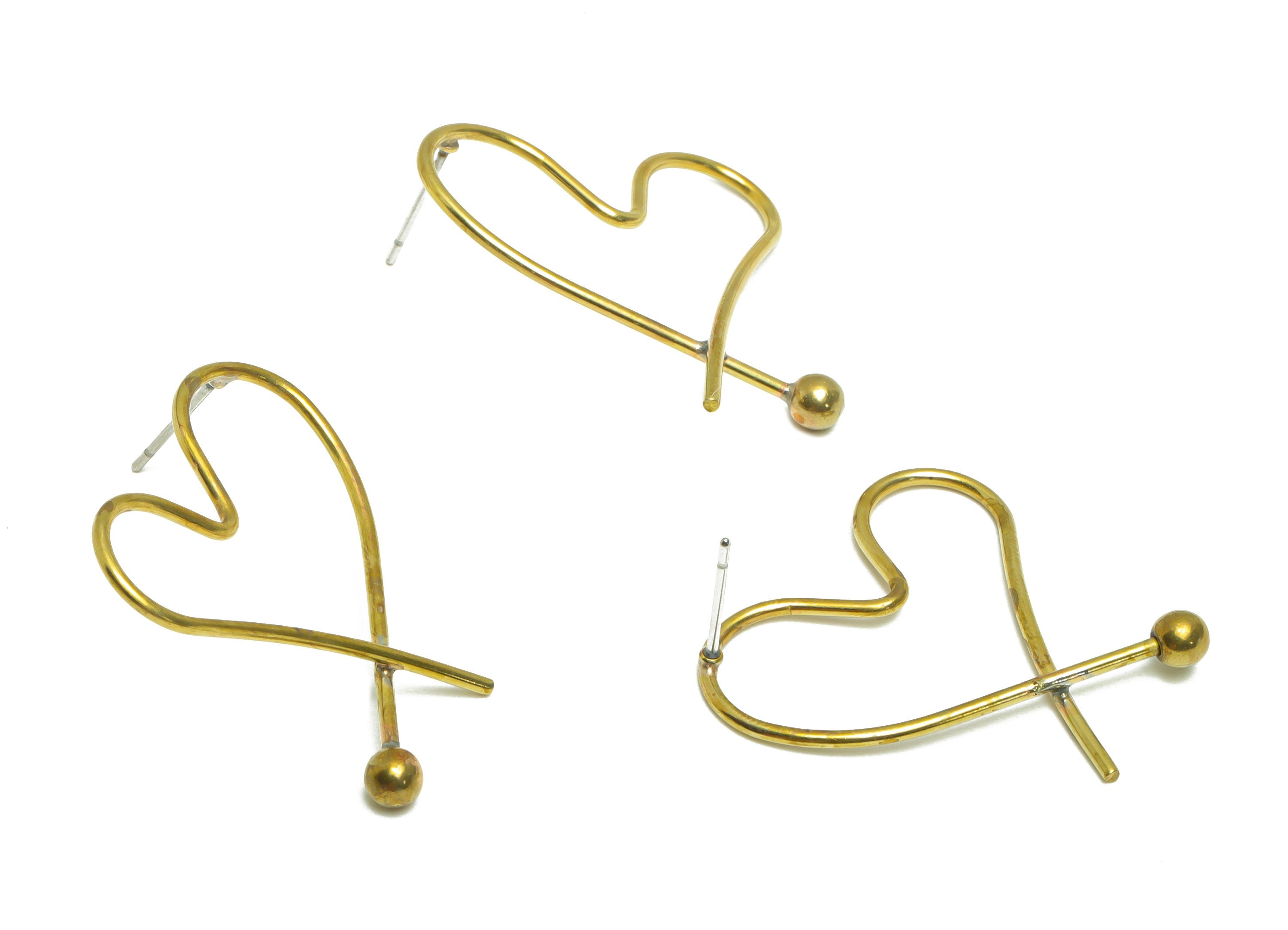 Brass Heart Wire Earring Stud - Raw Brass Wire Earring Post - Brass Heart Ball Earring Post - Heart Bead Earring Post - 33.8x28x1mm - PP9356 - DOMEDBAZAAR