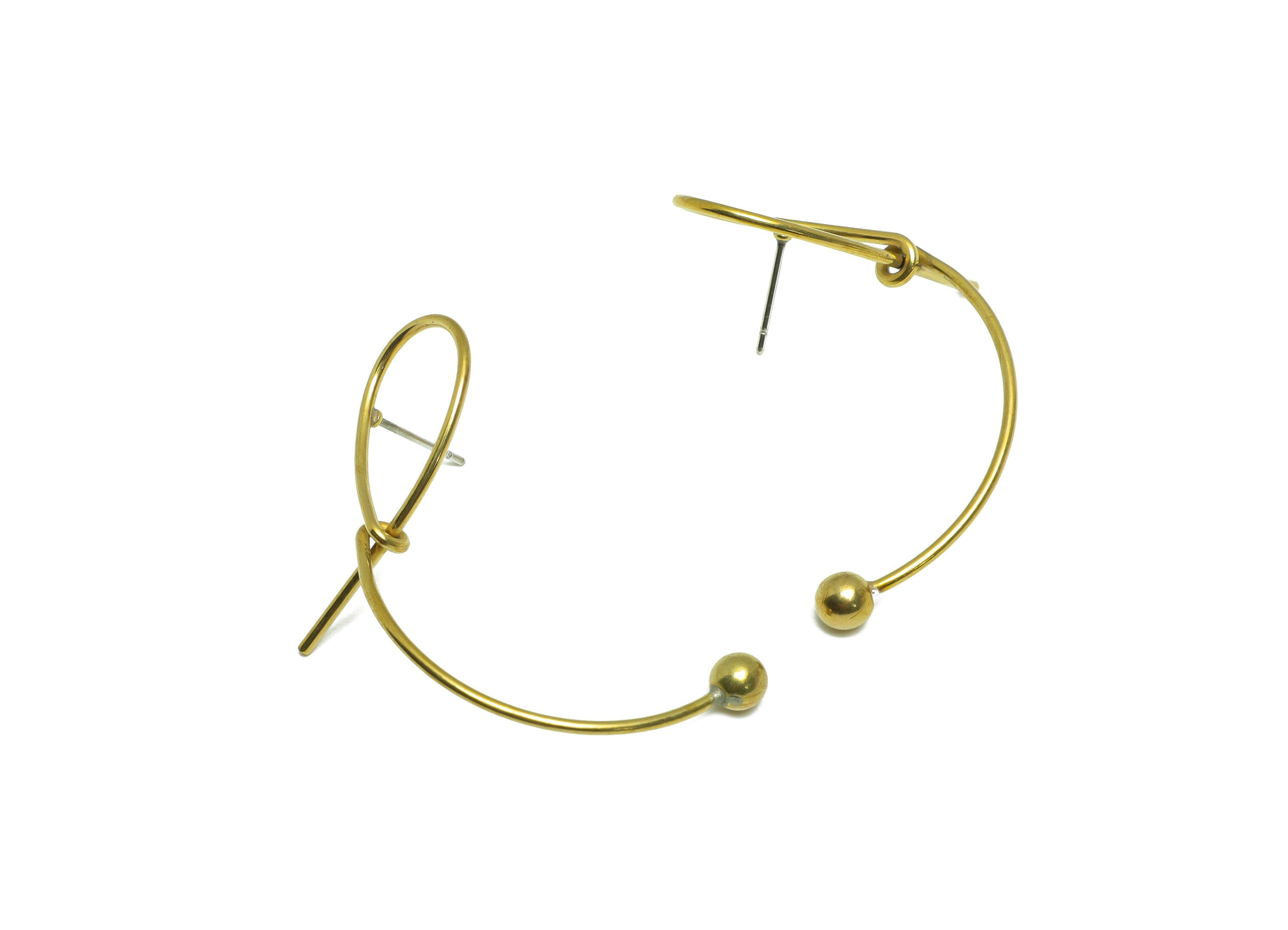 Brass Knot Wire Earring Stud - Raw Brass Bent Wire Earring Post - Brass Ball Earring Post - Curved Bead Earring Post - 44.23x25x1mm - PP9360 - DOMEDBAZAAR