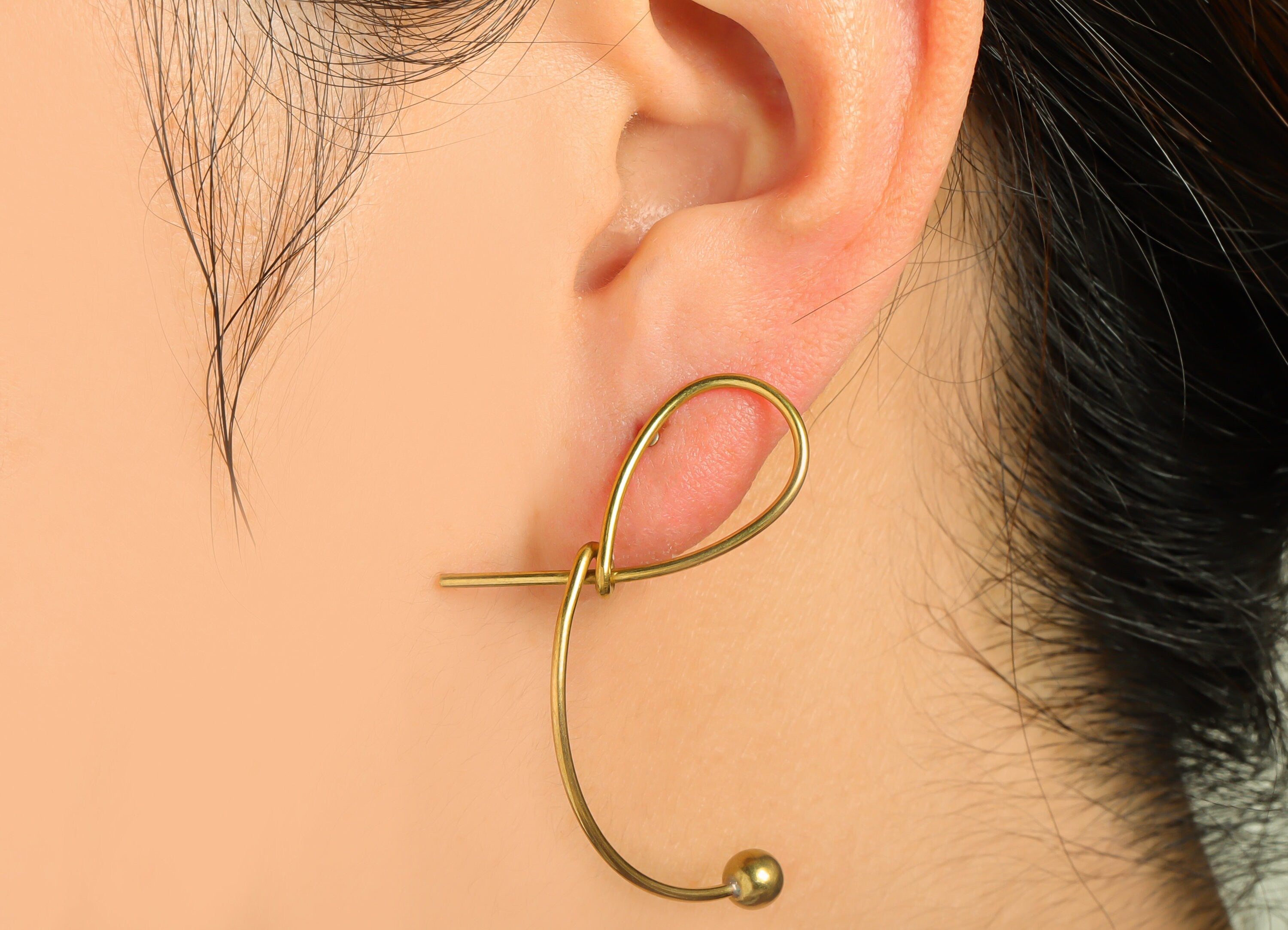 Brass Knot Wire Earring Stud - Raw Brass Bent Wire Earring Post - Brass Ball Earring Post - Curved Bead Earring Post - 44.23x25x1mm - PP9360 - DOMEDBAZAAR