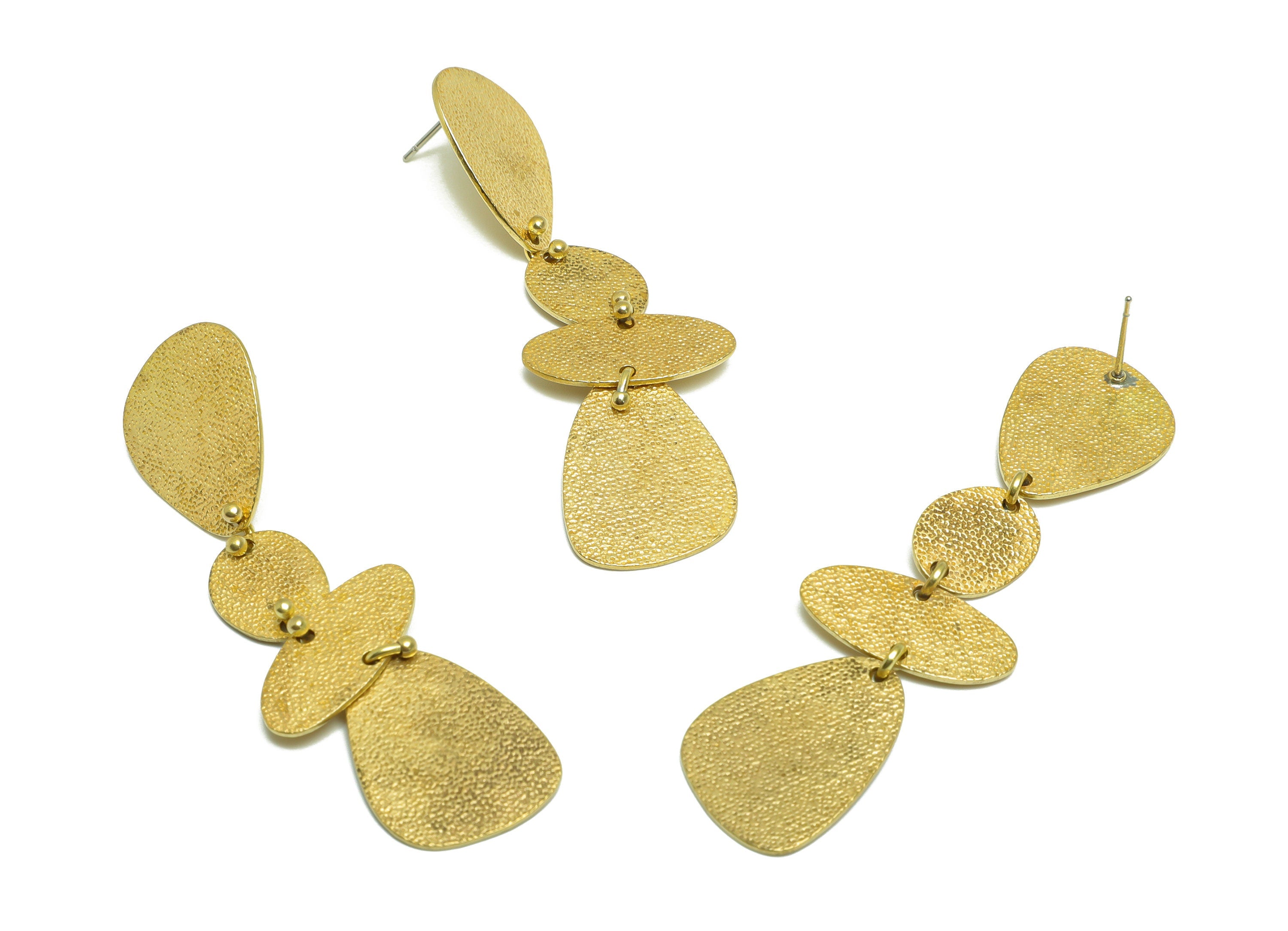 Brass Textured Dangle Earring Stud - Raw Brass Hang Oval Earring Post - Geometry Link Earring Post - Textured Earring - 66x20x0.7mm - PP9371 - DOMEDBAZAAR