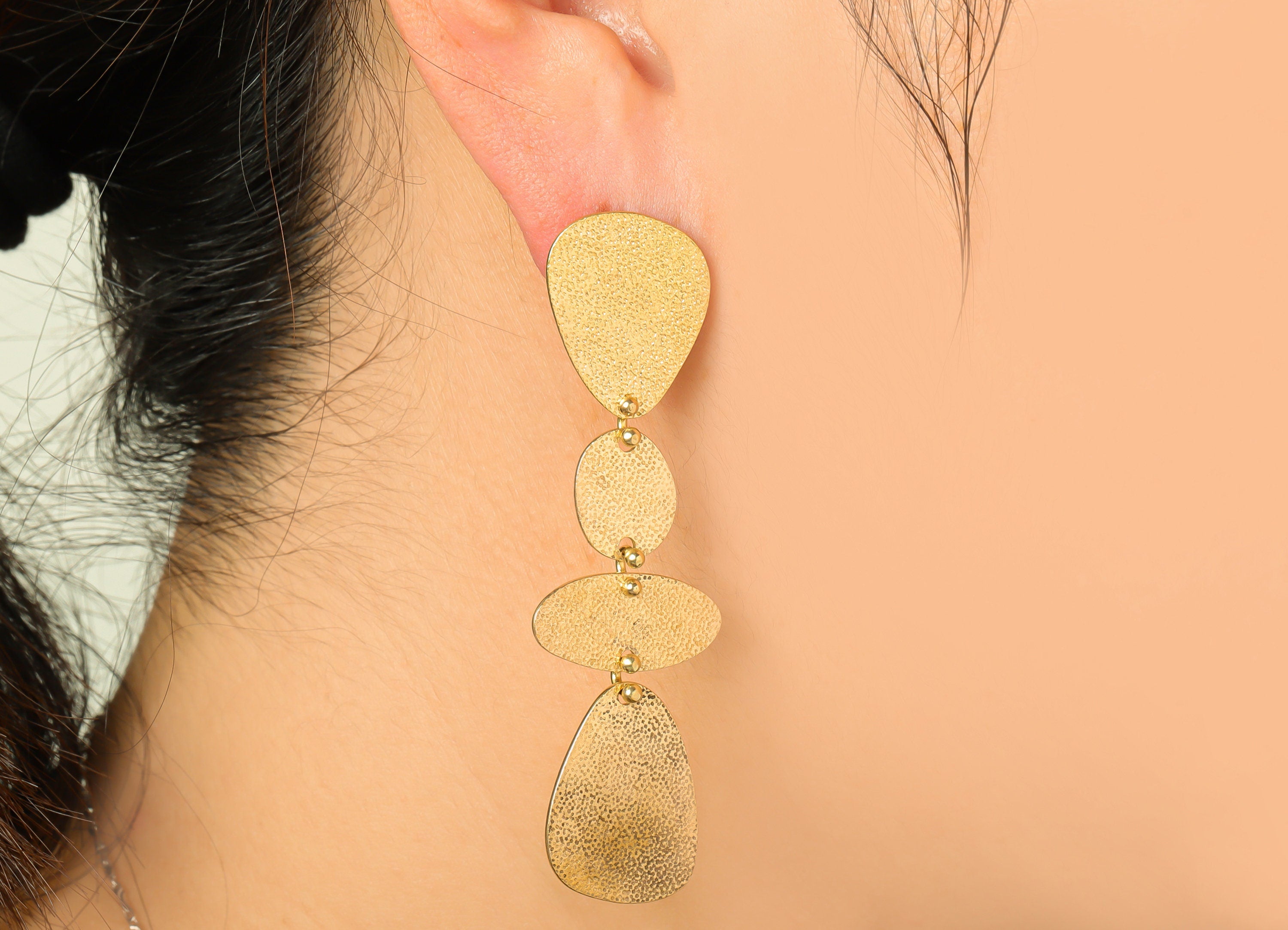 Brass Textured Dangle Earring Stud - Raw Brass Hang Oval Earring Post - Geometry Link Earring Post - Textured Earring - 66x20x0.7mm - PP9371 - DOMEDBAZAAR