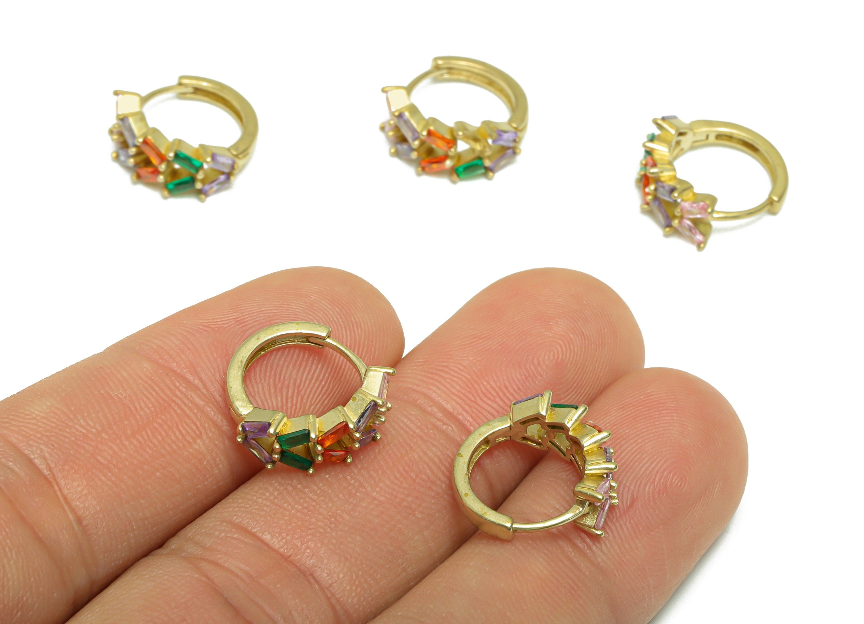 Brass CZ Rectangle Huggie Hoop Earring - Raw Brass Cubic Zircon Hoop Wire Earring - Brass Rainbow CZ Huggie Hoop Earring - 14x14x6mm -PP9800 - DOMEDBAZAAR