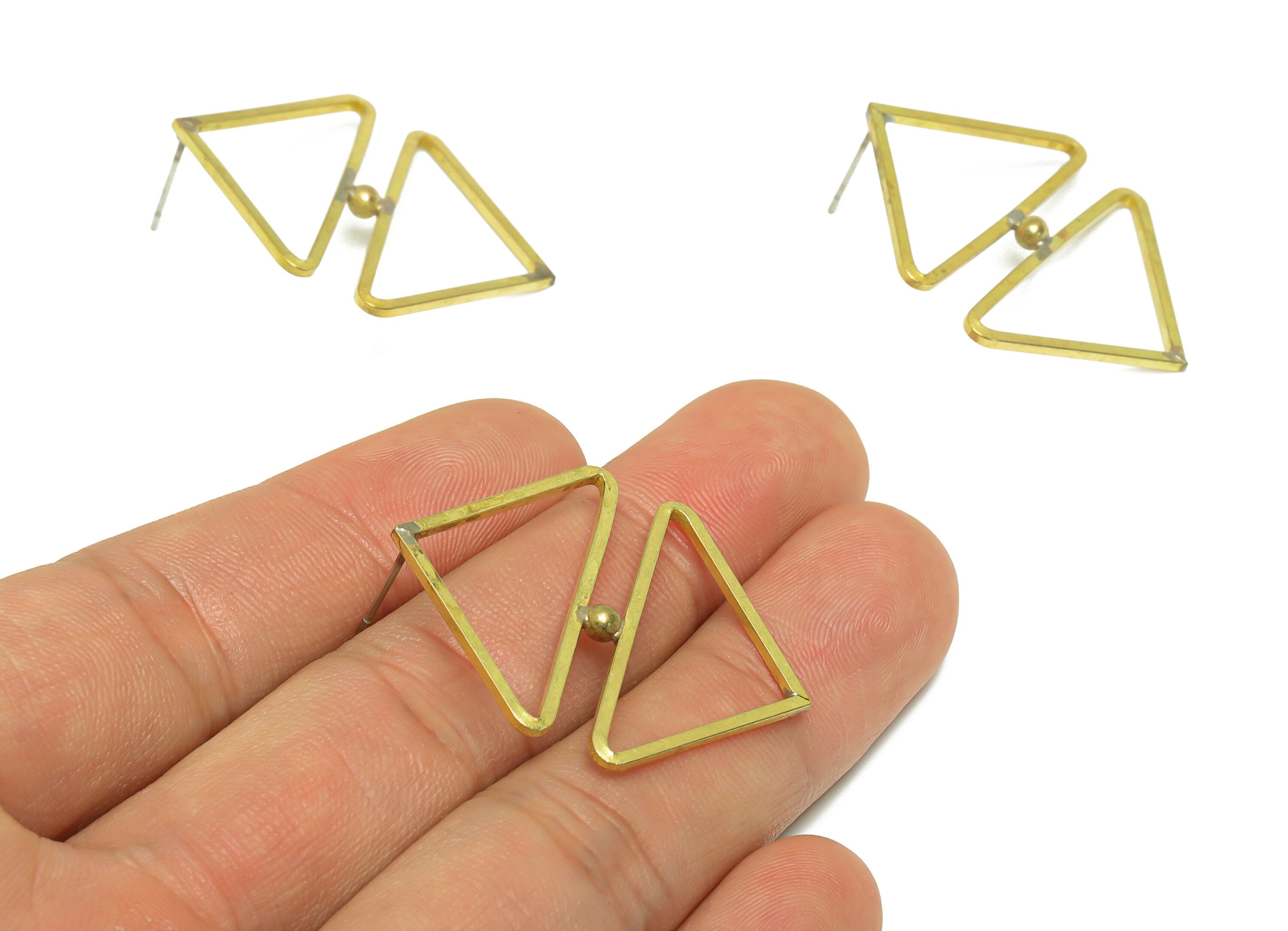 Brass Triangle Earring Stud - Raw Brass Double Triangle Earring Post - Brass Geometry Earring Post - Ball Triangle Stud - 37x31x1mm - PP9941 - DOMEDBAZAAR