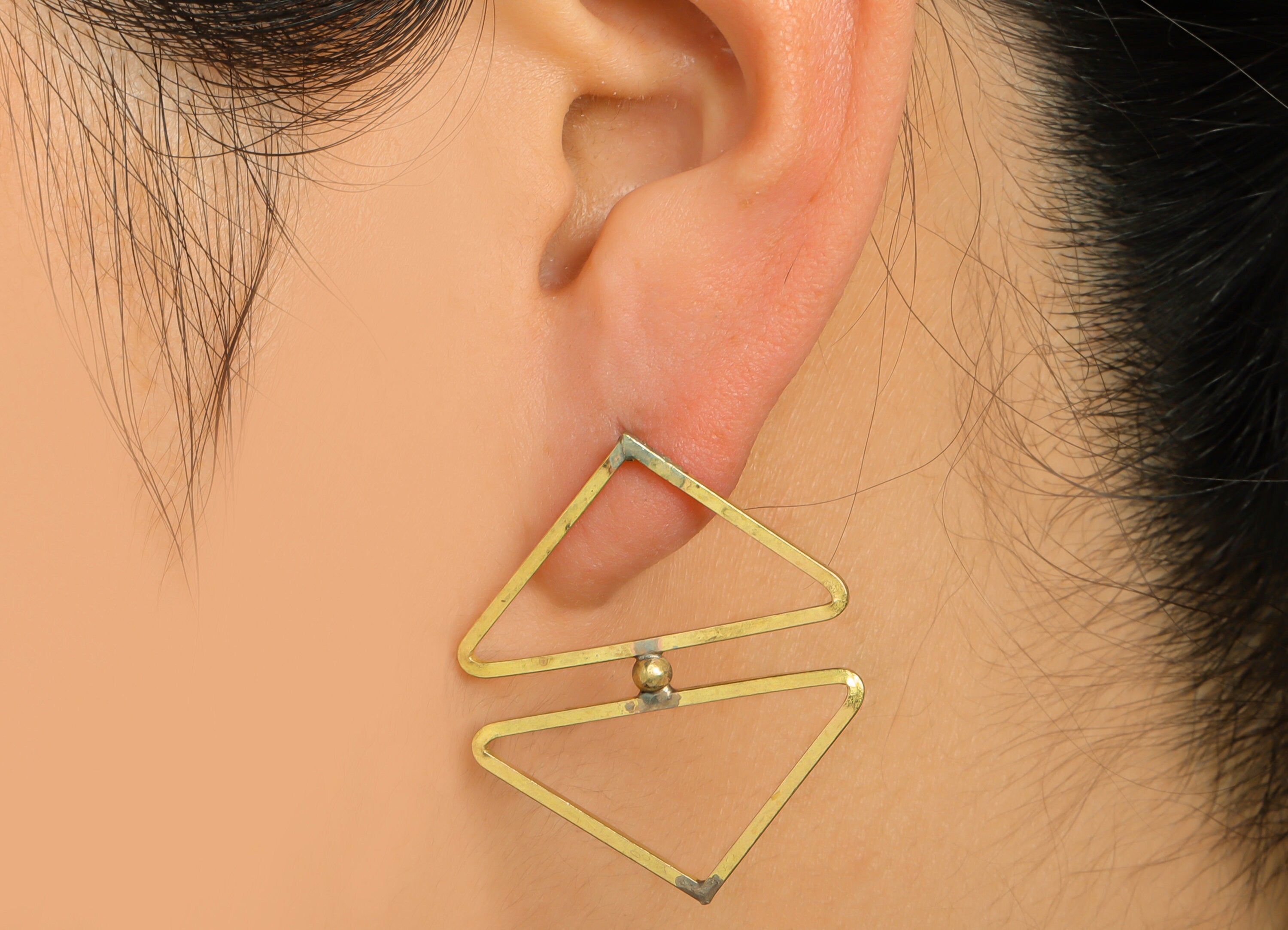 Brass Triangle Earring Stud - Raw Brass Double Triangle Earring Post - Brass Geometry Earring Post - Ball Triangle Stud - 37x31x1mm - PP9941 - DOMEDBAZAAR