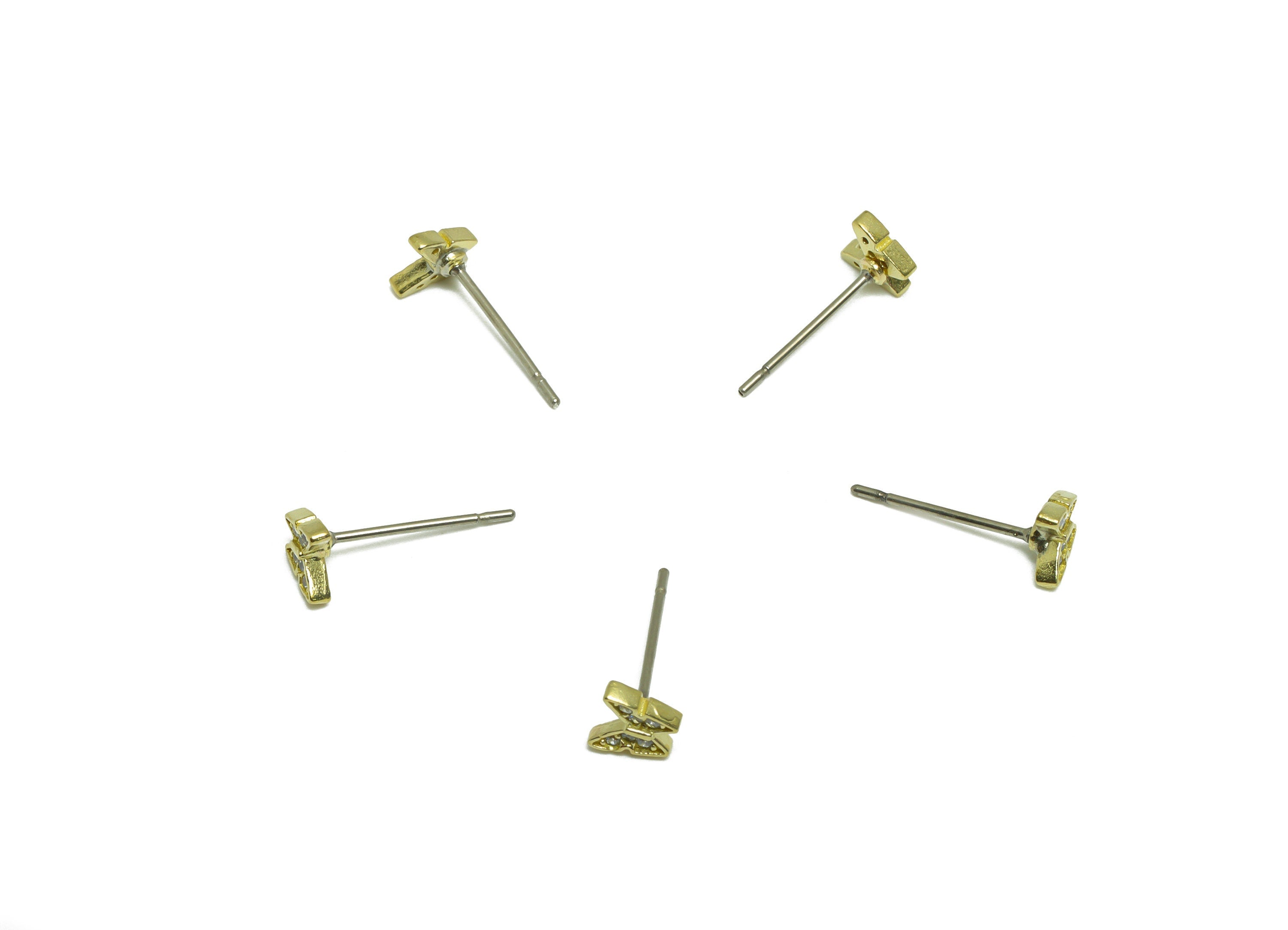 Brass CZ Butterfly Earring Stud - Raw Brass Zircon Earring Post - Mini Earring Post - Cubic Zircon Butterfly Earring - 13.81x4x1mm - PP9496 - DOMEDBAZAAR