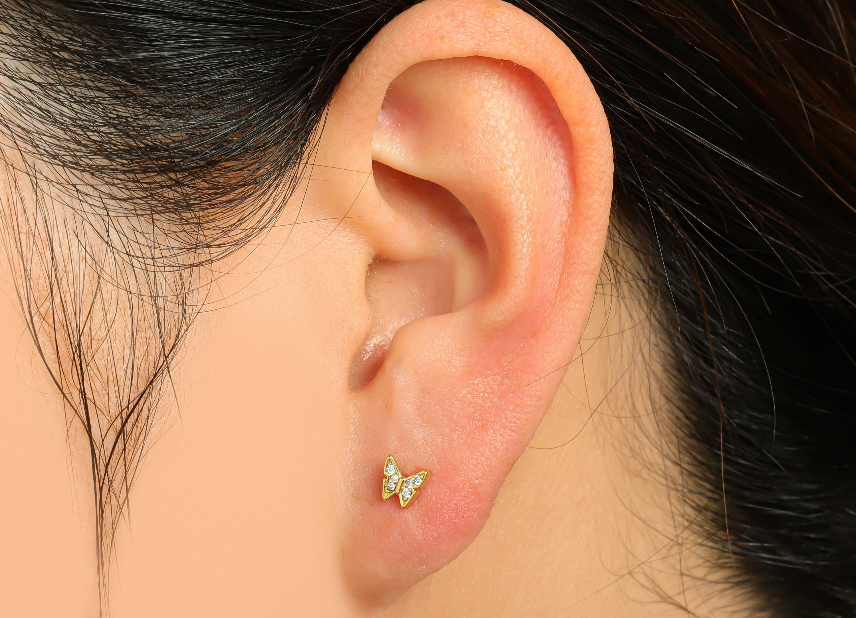 Brass CZ Butterfly Earring Stud - Raw Brass Zircon Earring Post - Mini Earring Post - Cubic Zircon Butterfly Earring - 13.81x4x1mm - PP9496 - DOMEDBAZAAR