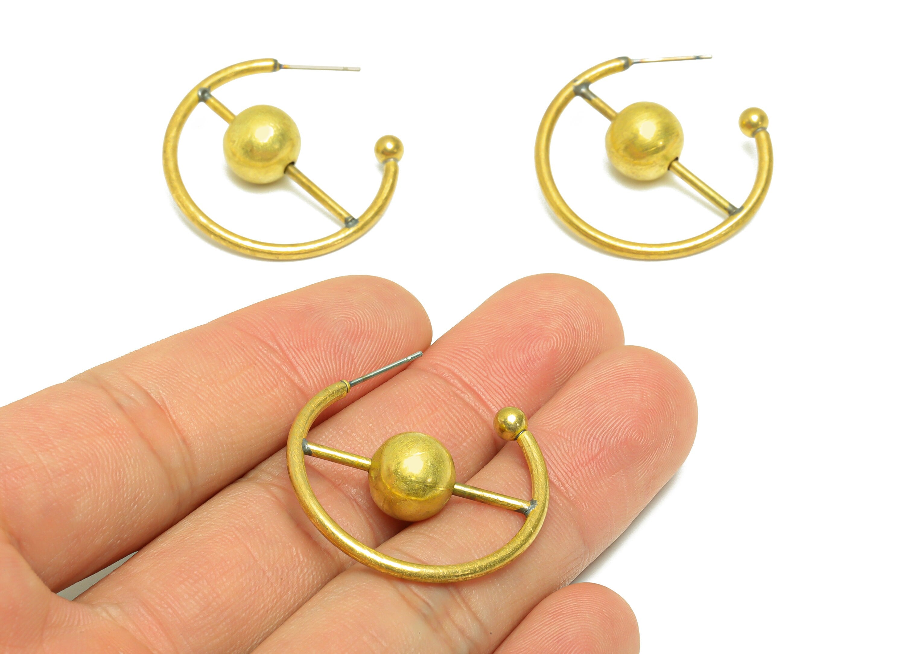 Brass Hoop Earring Stud - Raw Brass Open Hoop Earring Post - Brass Ball Hoop Earring Post - Stick C Hoop Earring Post - 30x30x2mm - PP9962 - DOMEDBAZAAR