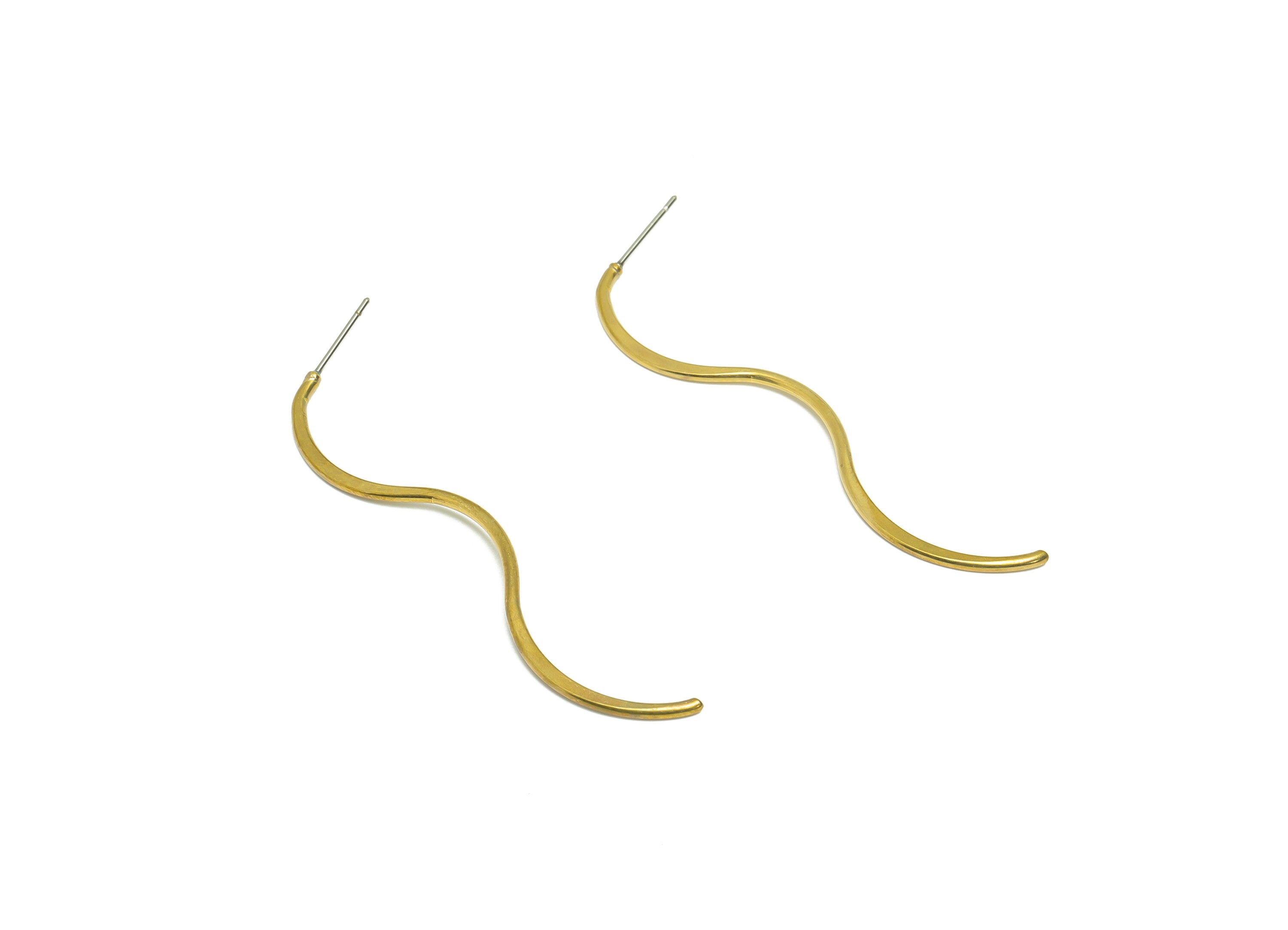 Wavy Wire Hammered Earring - Raw Brass Wire Earring Post - Brass Wavy Earring Post - Brass Hammered Wavy Earring Stud - 60.5x8x1mm - PP9359 - DOMEDBAZAAR